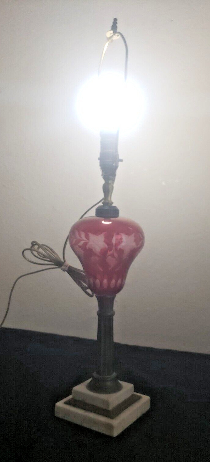 Antique Vtg 1900’s Cranberry Ruby Red Cut Etched Glass Table Lamp Marble Base