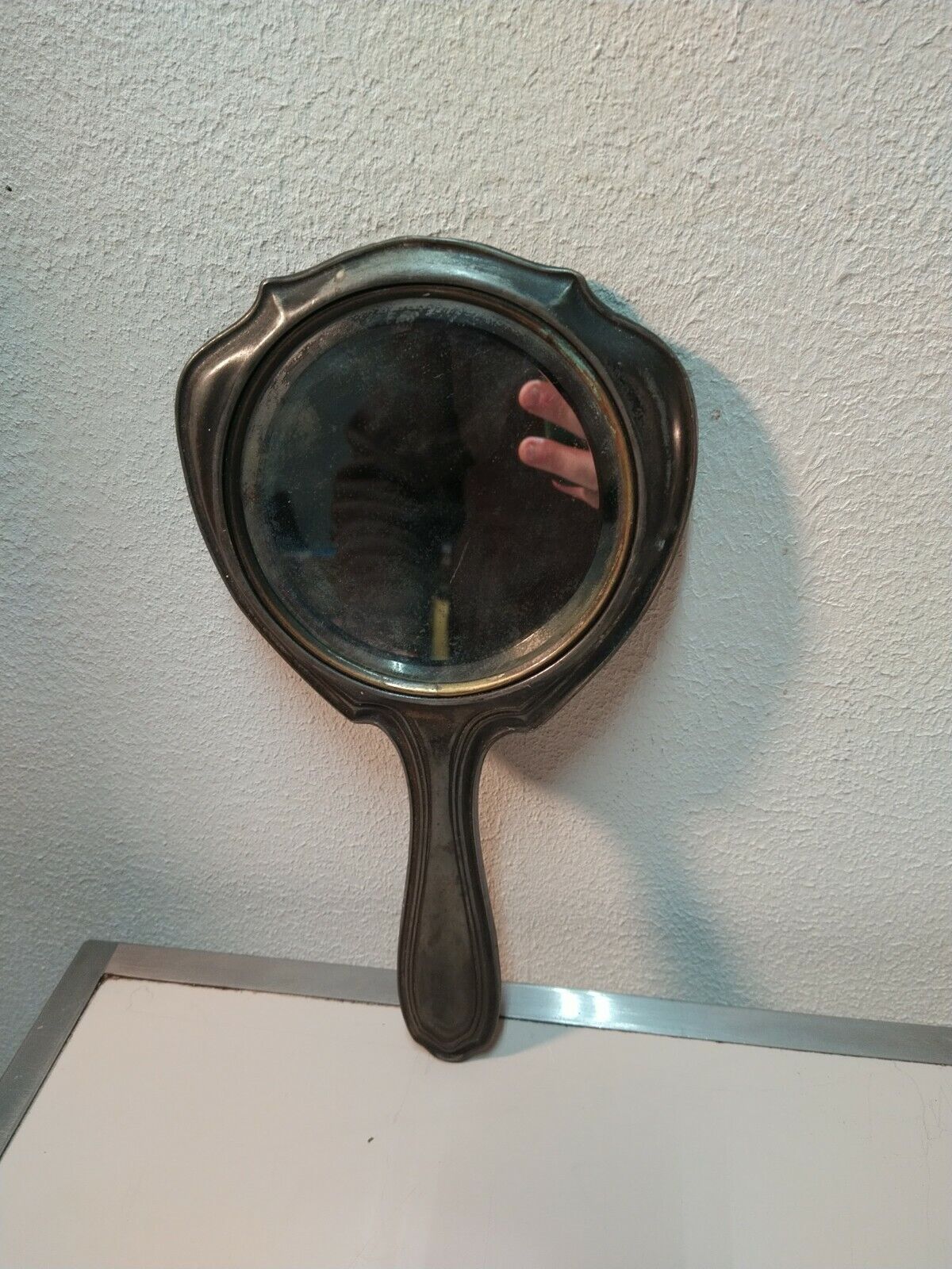 Very Old Vintage Vanity Hand Mirror Soft Metal Early 1900s ornate design