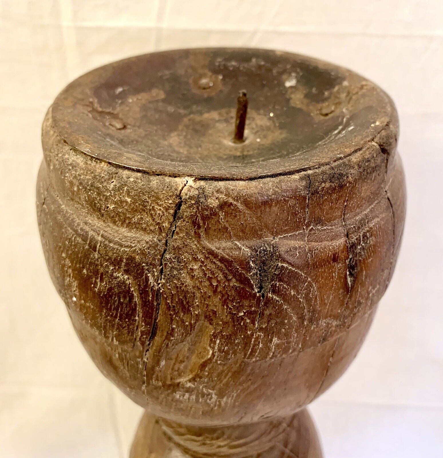 1700's Pair Oak Pillar Pricket Candle Stands Wood Candleholders Candlesticks