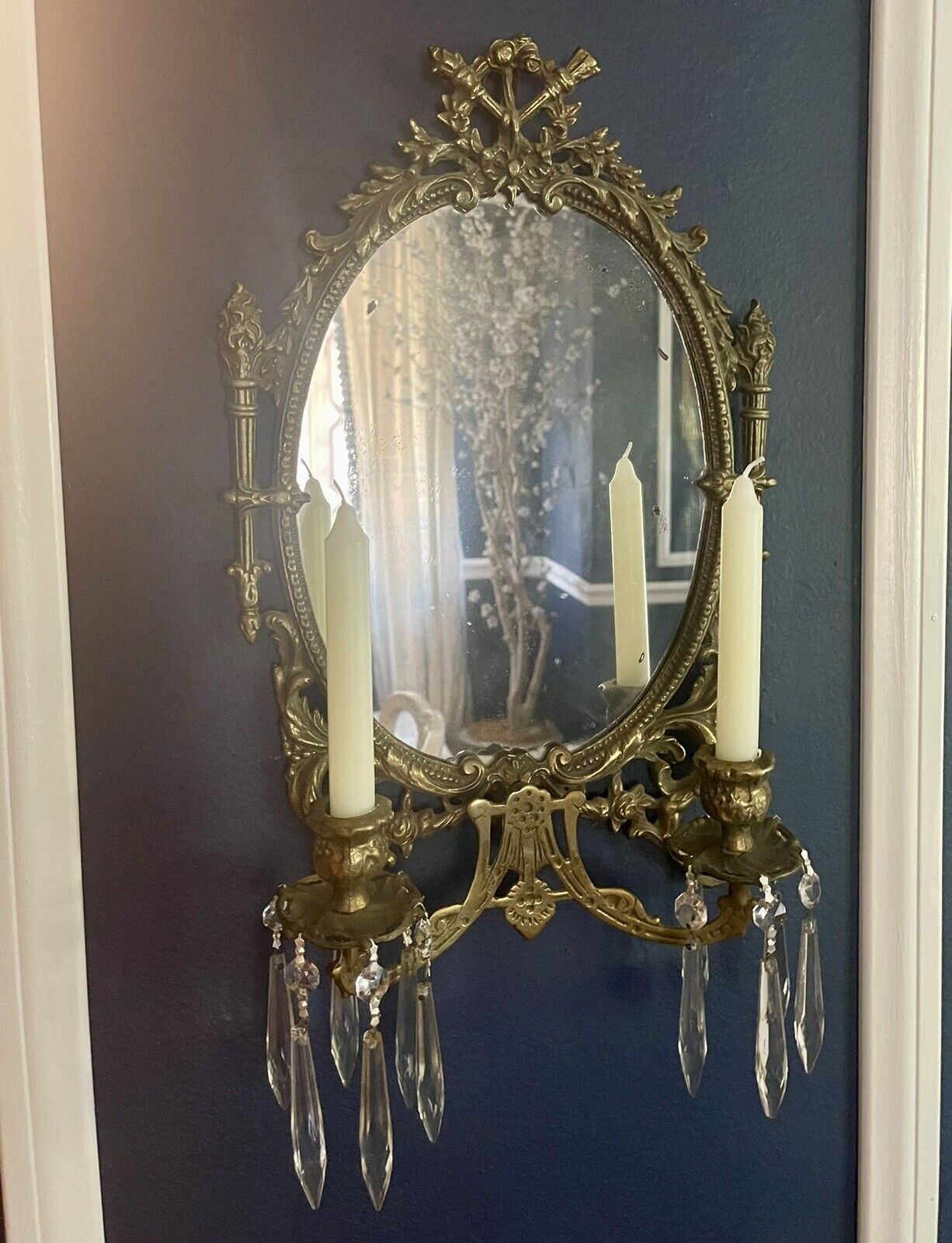 19th Century Pair of Louis Xvi Style Brass Mirror Double Candle Wall Sconces