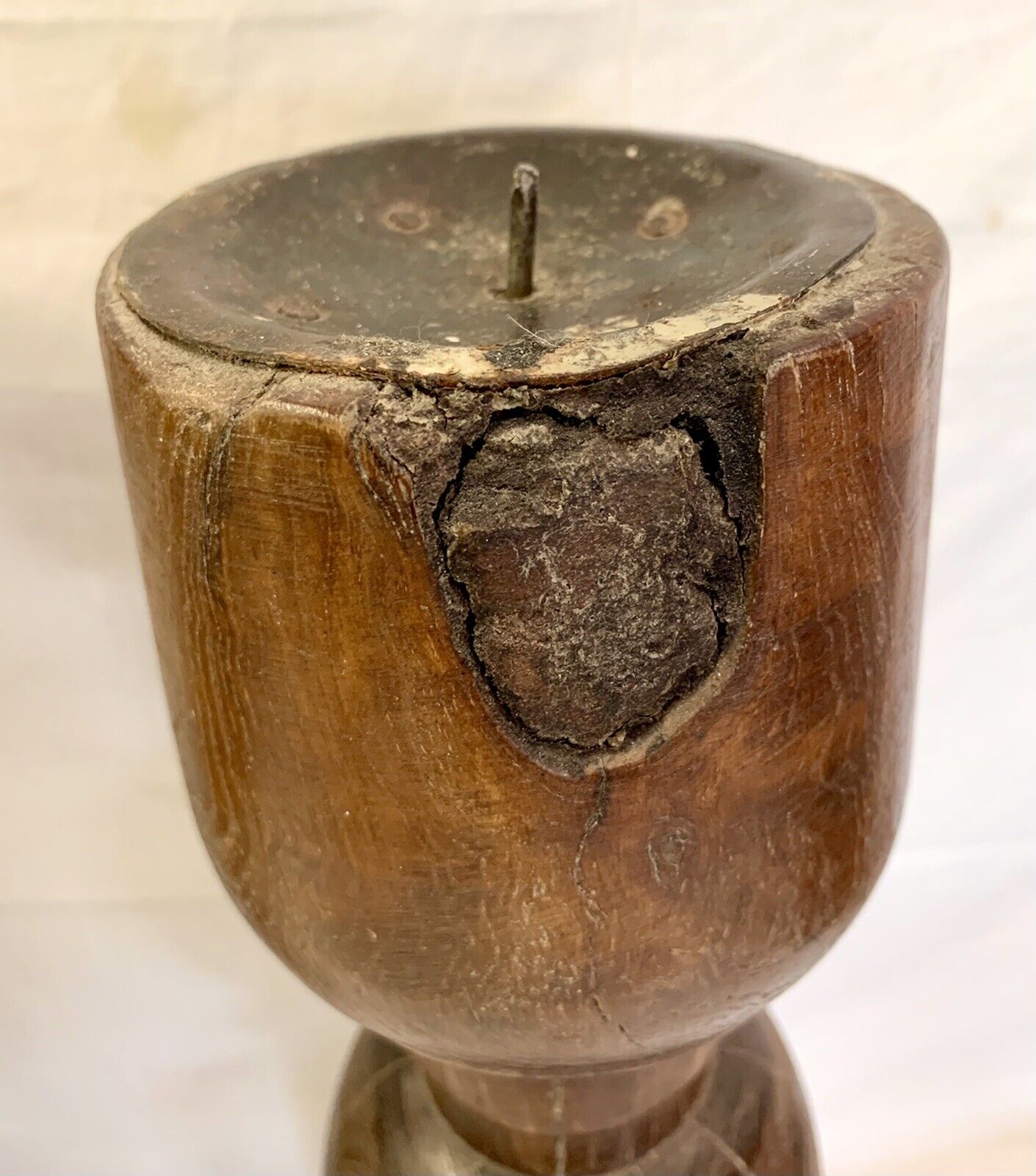 1700's Pair Oak Pillar Pricket Candle Stands Wood Candleholders Candlesticks