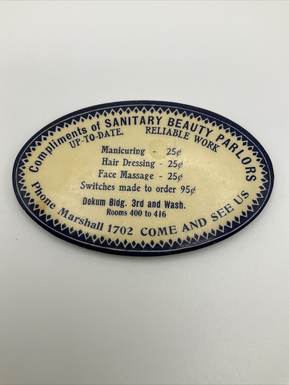 Very Rare Early 1900 SANITARY BEAUTIFUL PARLORS Advertising Pocket Mirror AS IS