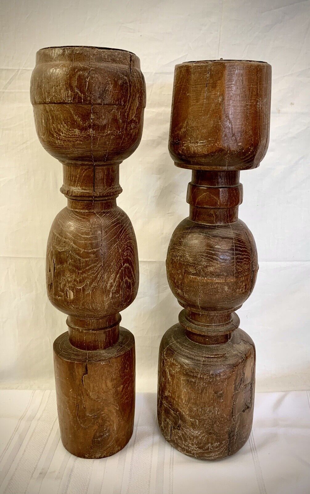 1700's Pair Oak Pillar Pricket Candle Stands Wood Candleholders Candlesticks