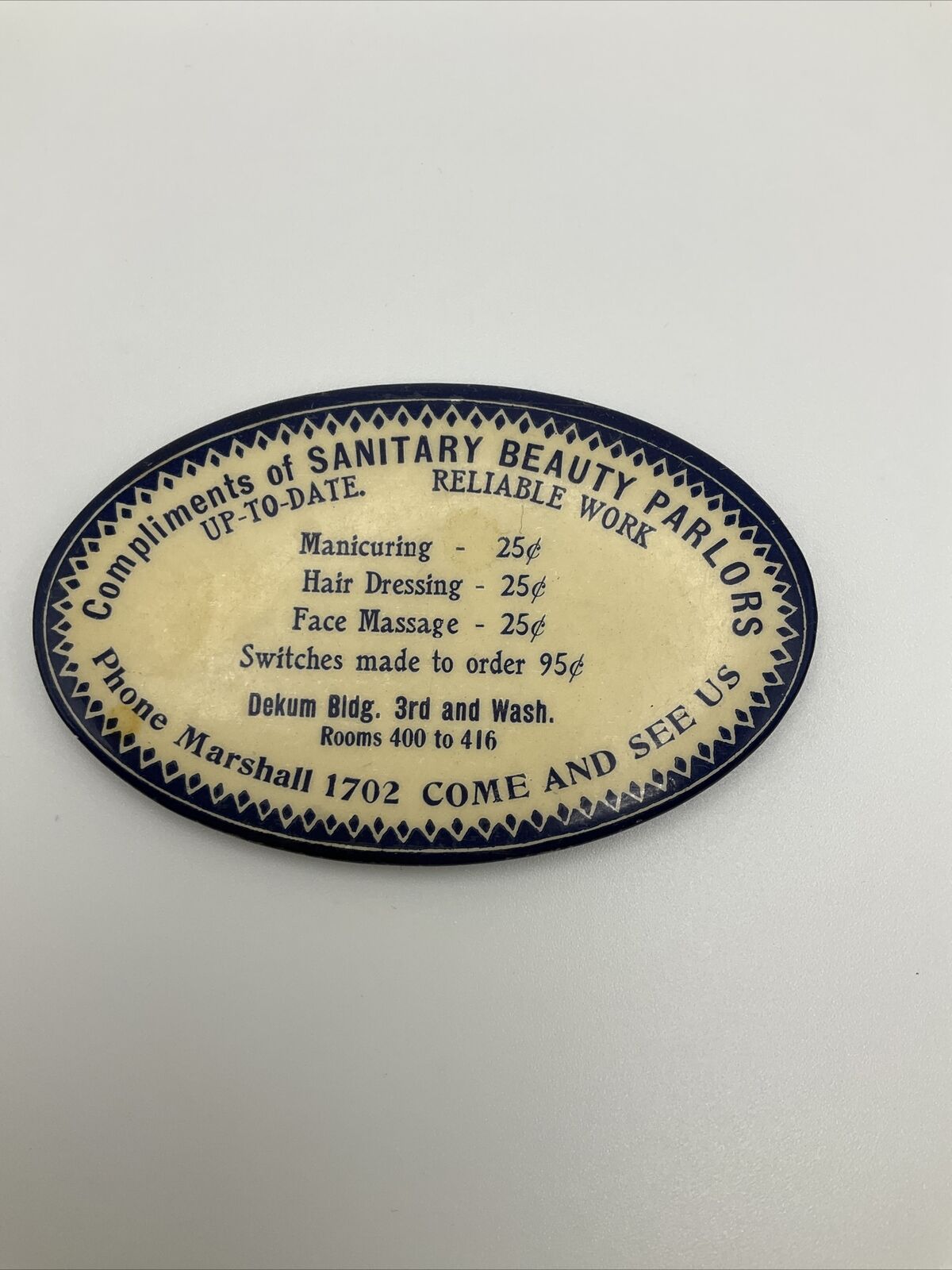 Very Rare Early 1900 SANITARY BEAUTIFUL PARLORS Advertising Pocket Mirror AS IS