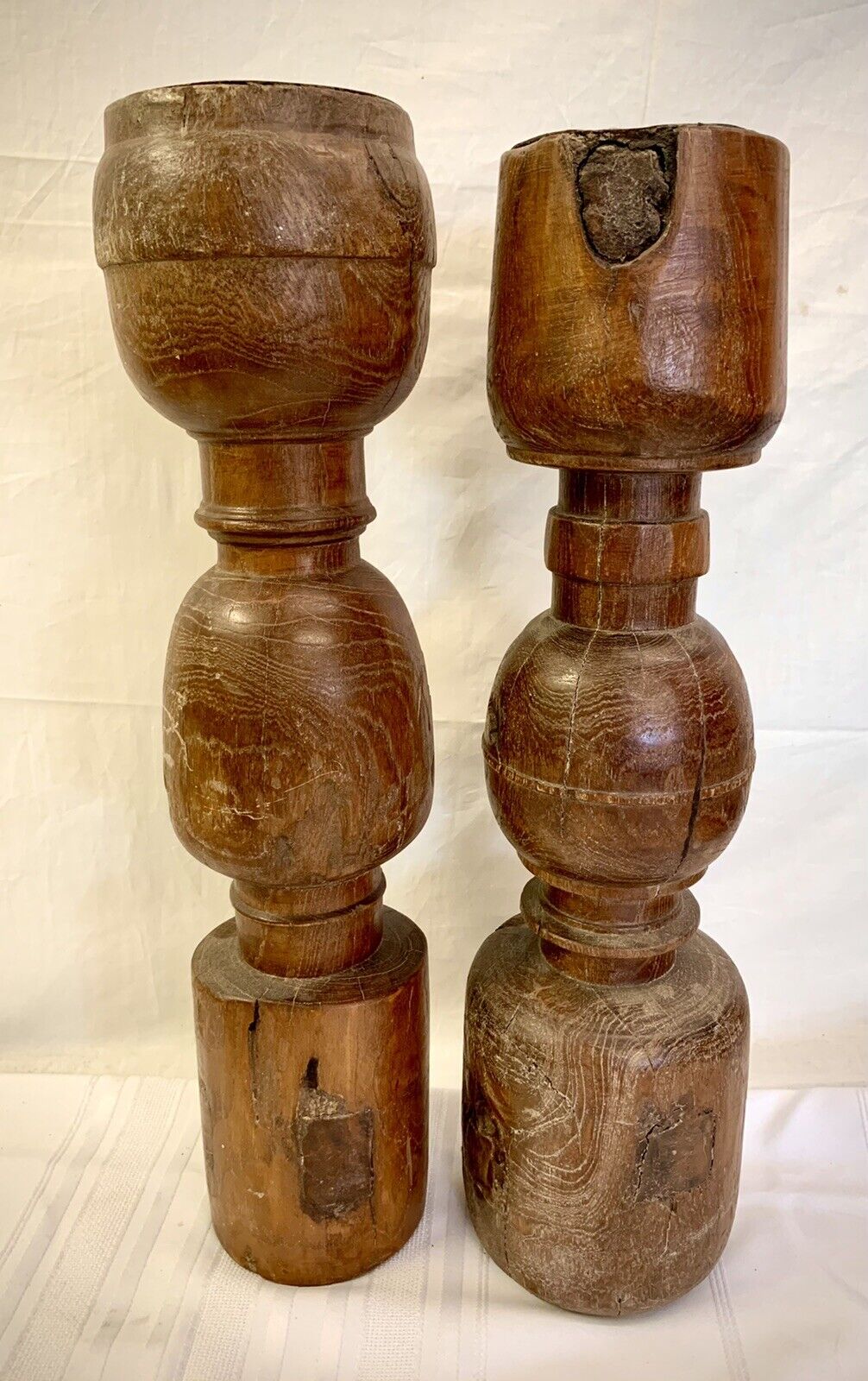 1700's Pair Oak Pillar Pricket Candle Stands Wood Candleholders Candlesticks
