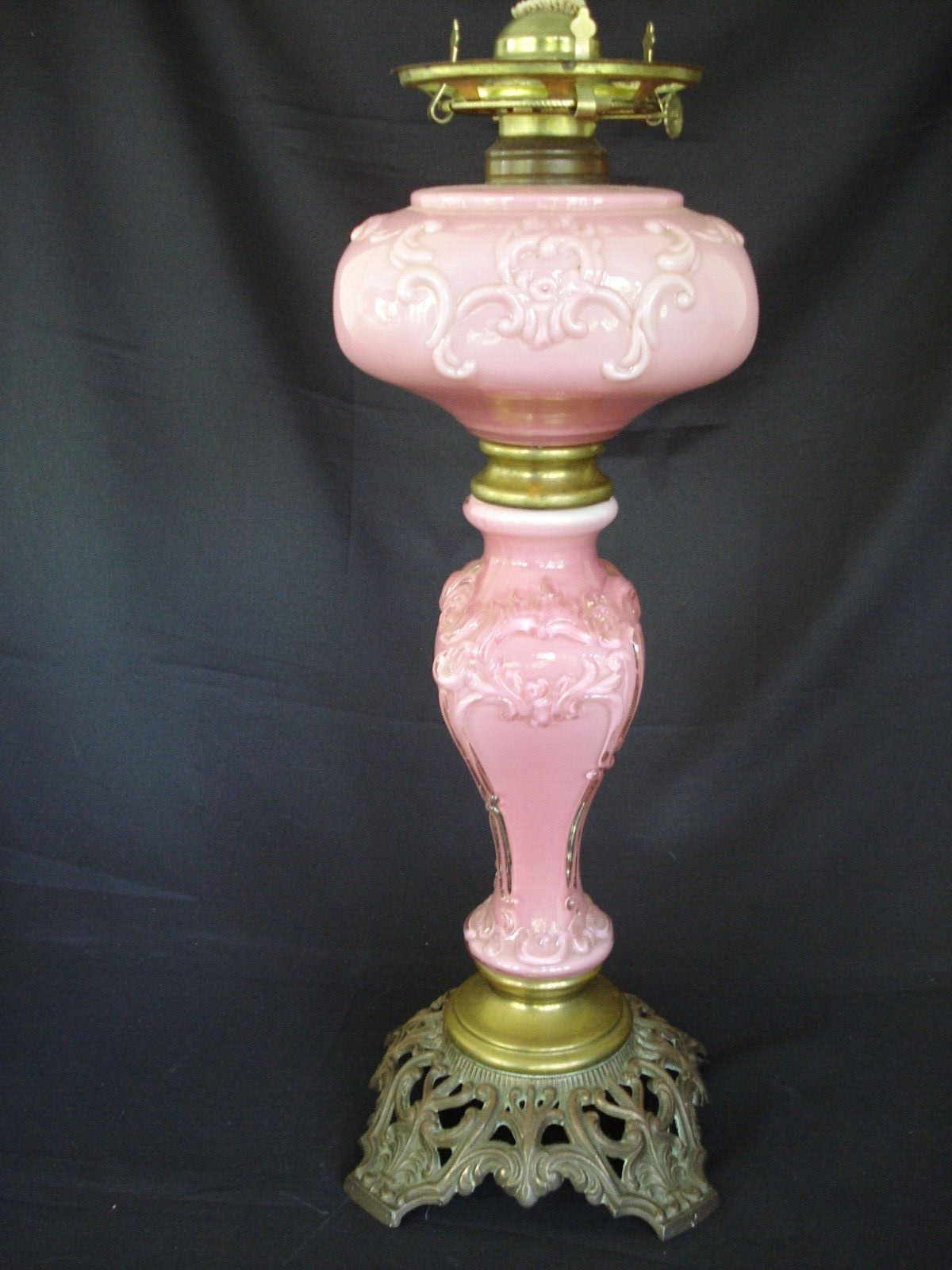 Antique Pink Cased Glass Gloss Consolidated Banquet Oil Lamp, Brass Burner