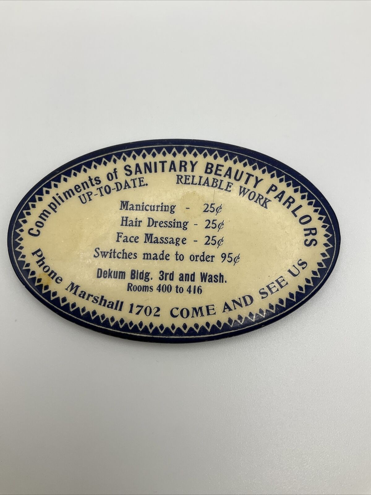 Very Rare Early 1900 SANITARY BEAUTIFUL PARLORS Advertising Pocket Mirror AS IS