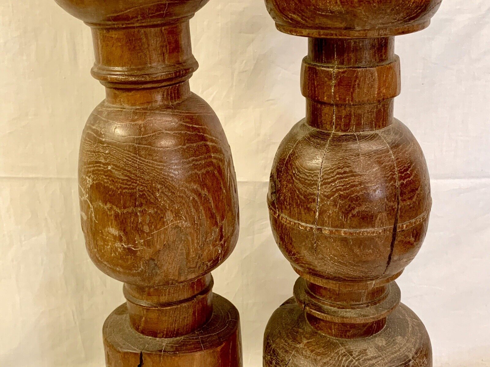 1700's Pair Oak Pillar Pricket Candle Stands Wood Candleholders Candlesticks