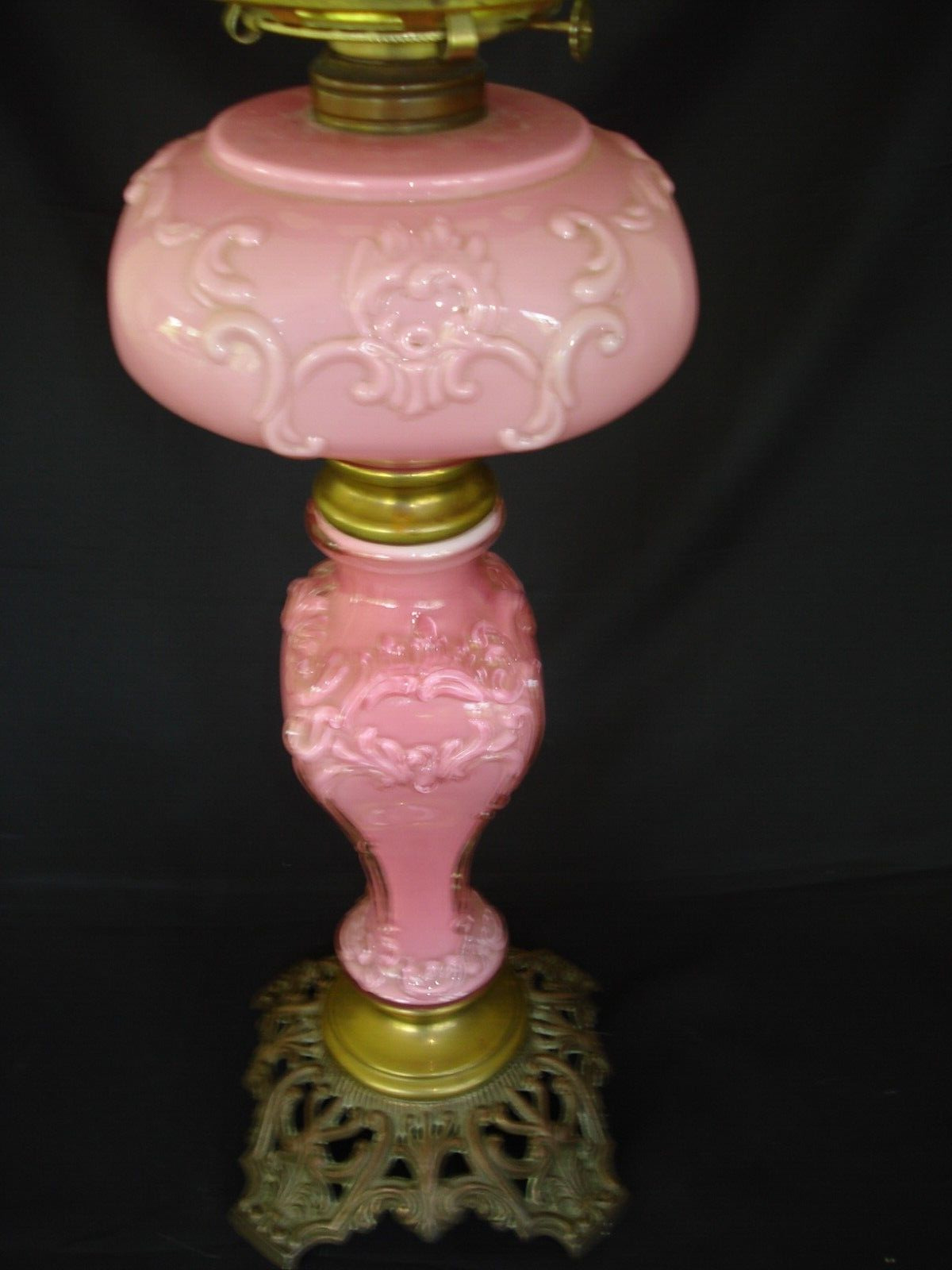 Antique Pink Cased Glass Gloss Consolidated Banquet Oil Lamp, Brass Burner