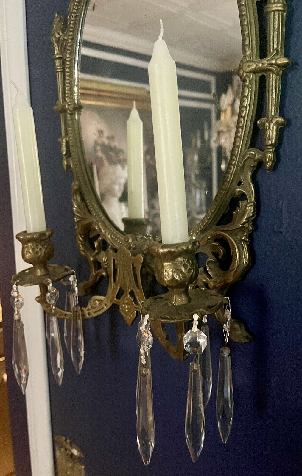 19th Century Pair of Louis Xvi Style Brass Mirror Double Candle Wall Sconces