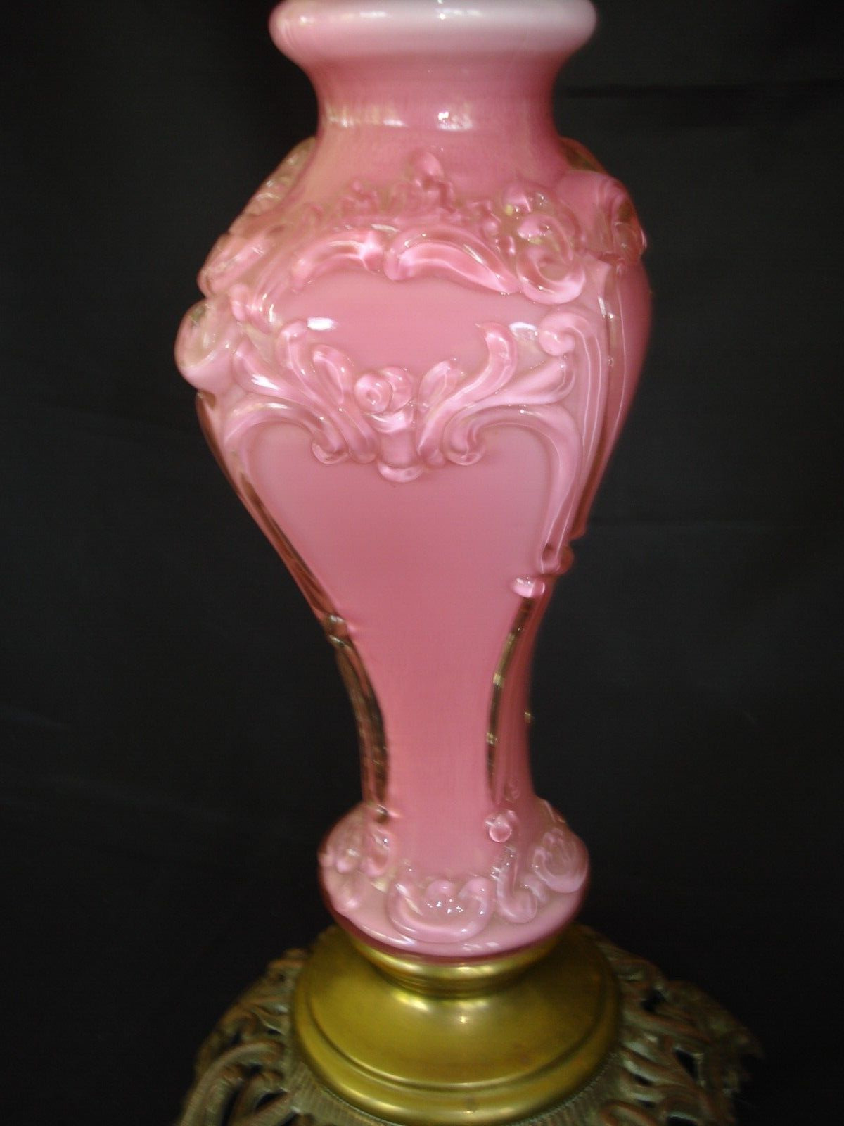 Antique Pink Cased Glass Gloss Consolidated Banquet Oil Lamp, Brass Burner