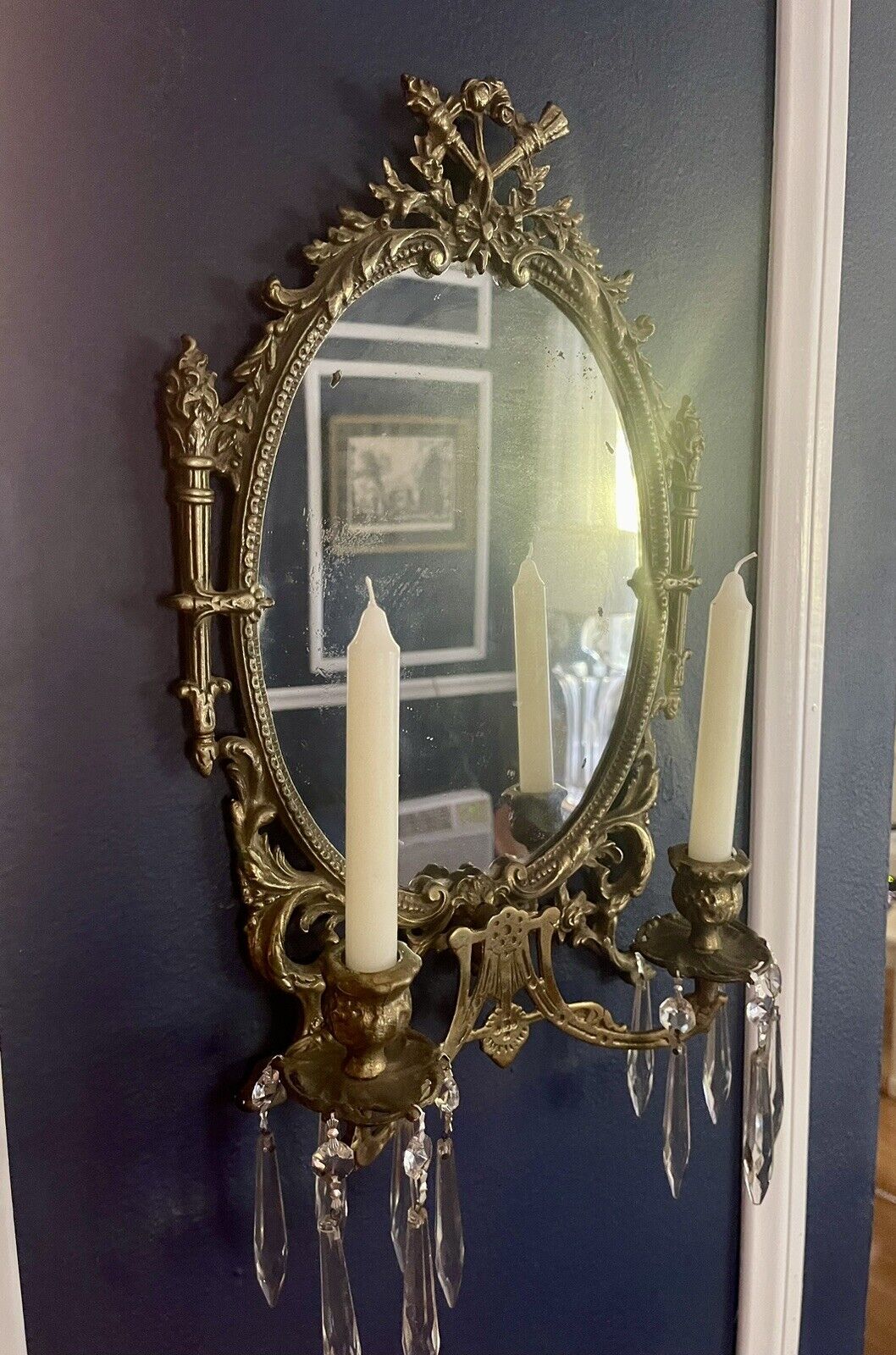 19th Century Pair of Louis Xvi Style Brass Mirror Double Candle Wall Sconces