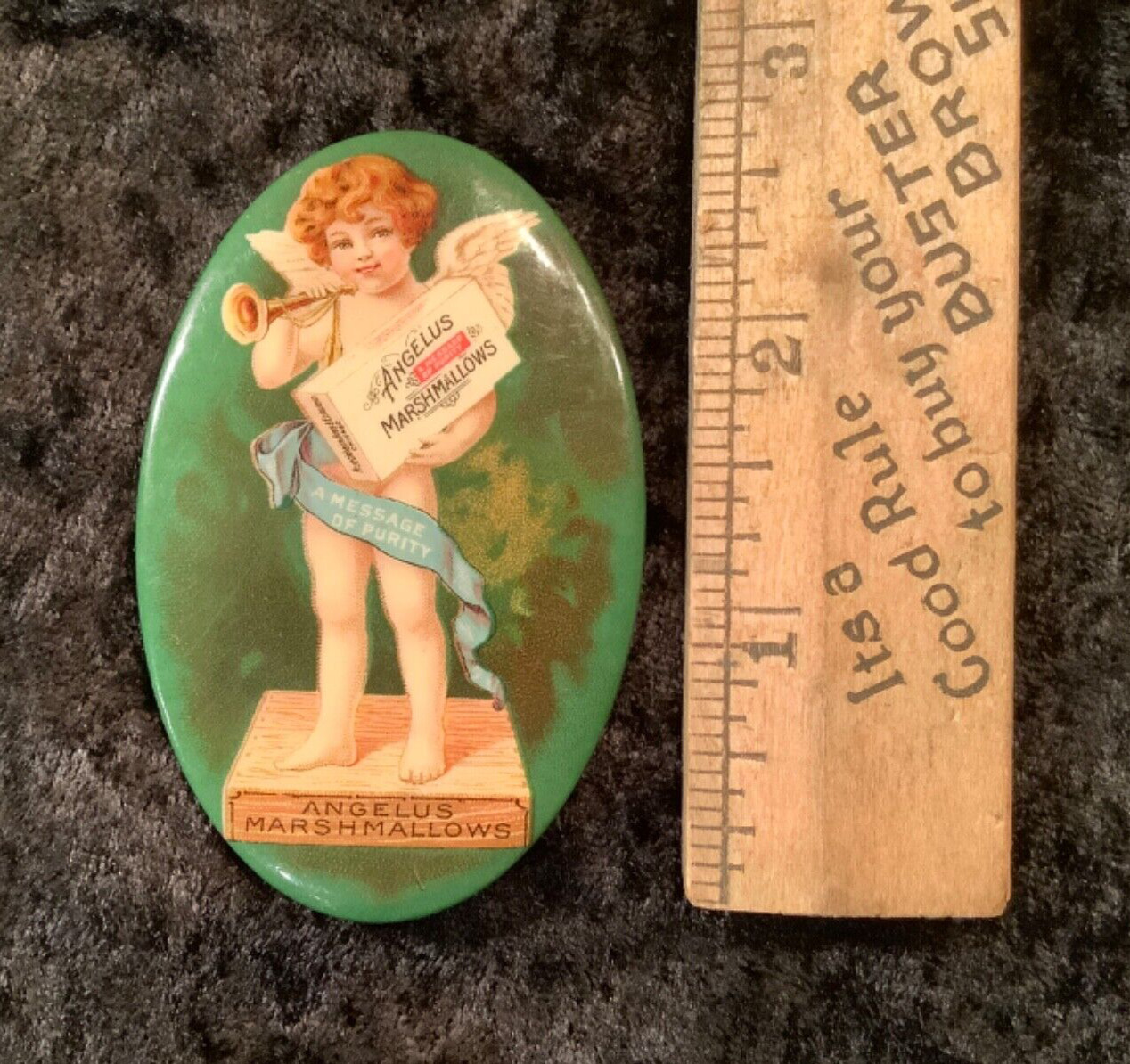 c 1900s Angelus Marshmallows Celluloid Advertising Pocket Mirror