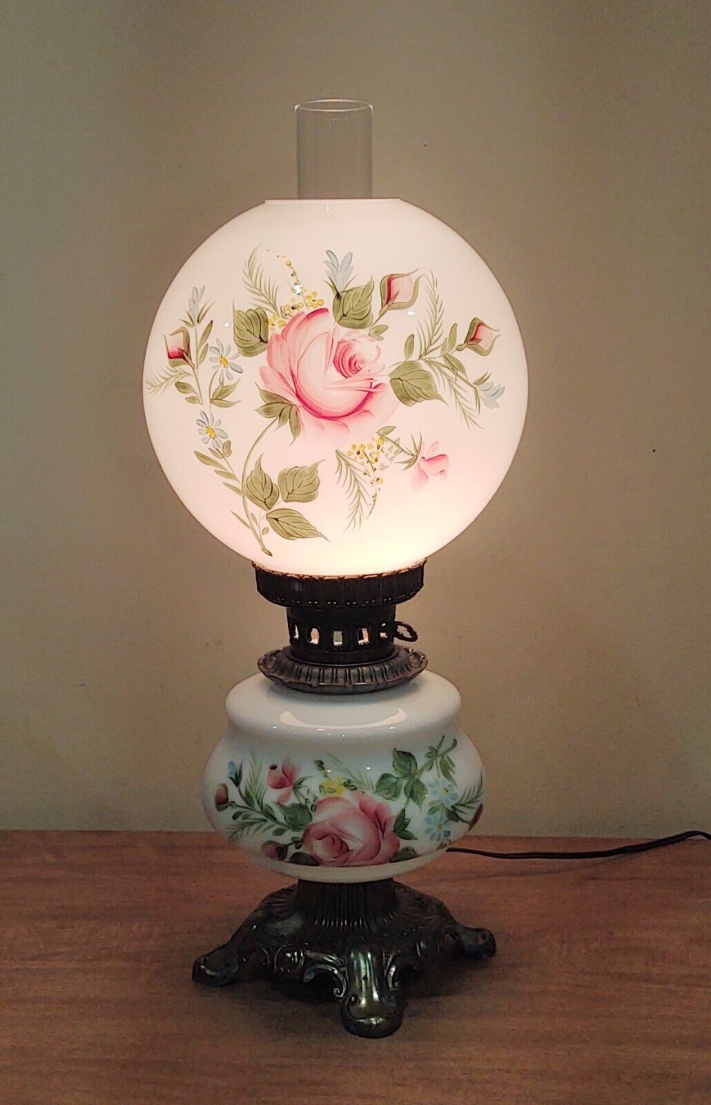 Victorian Parlor Lamp Hand Painted Pink Roses ~23"  Cast & Glass GWTW Hurricane