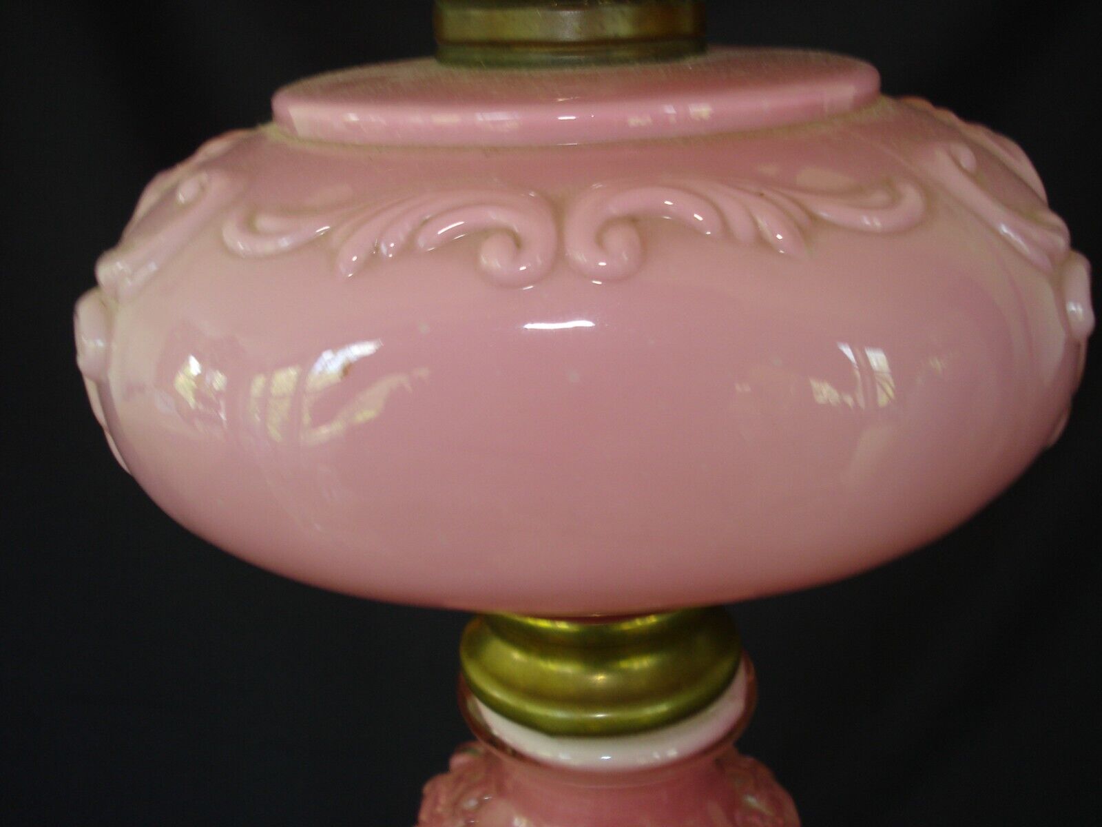 Antique Pink Cased Glass Gloss Consolidated Banquet Oil Lamp, Brass Burner