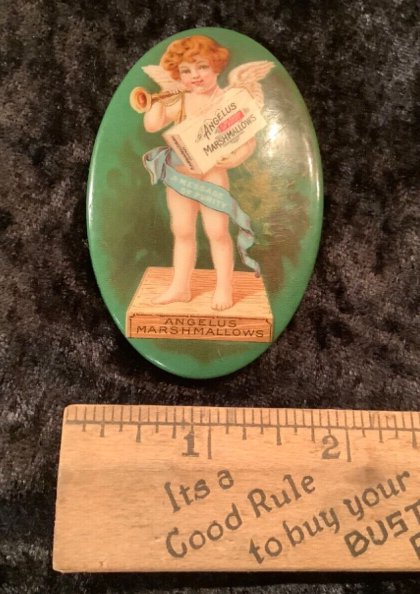 c 1900s Angelus Marshmallows Celluloid Advertising Pocket Mirror