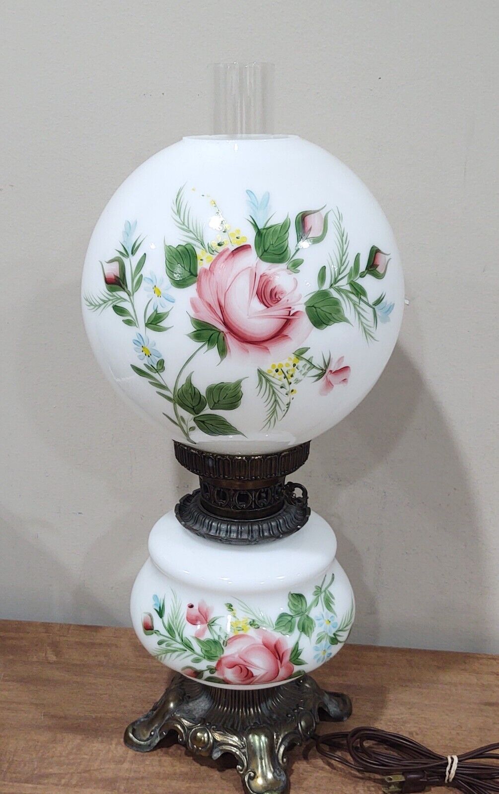 Victorian Parlor Lamp Hand Painted Pink Roses ~23"  Cast & Glass GWTW Hurricane