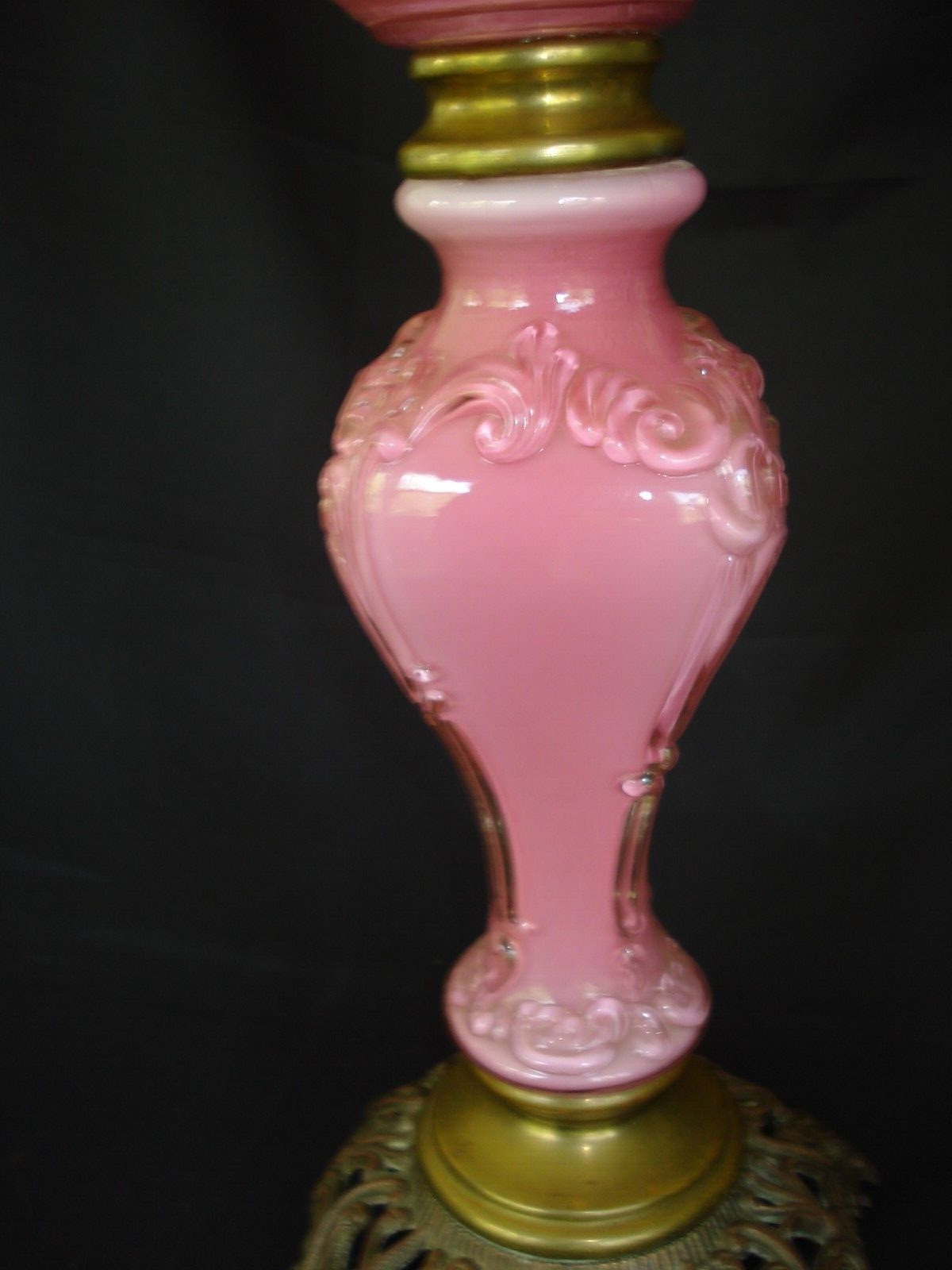 Antique Pink Cased Glass Gloss Consolidated Banquet Oil Lamp, Brass Burner