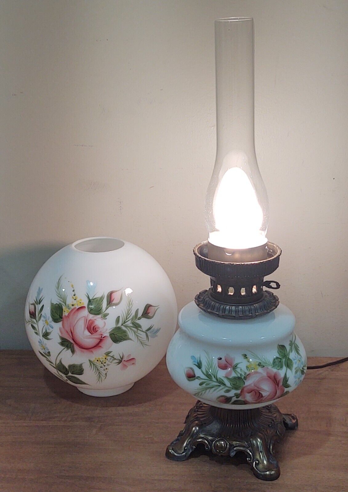 Victorian Parlor Lamp Hand Painted Pink Roses ~23"  Cast & Glass GWTW Hurricane
