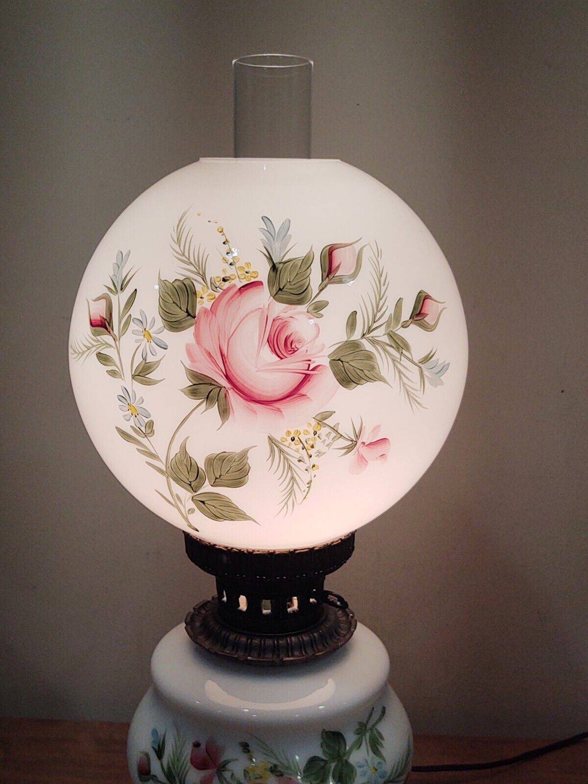 Victorian Parlor Lamp Hand Painted Pink Roses ~23"  Cast & Glass GWTW Hurricane