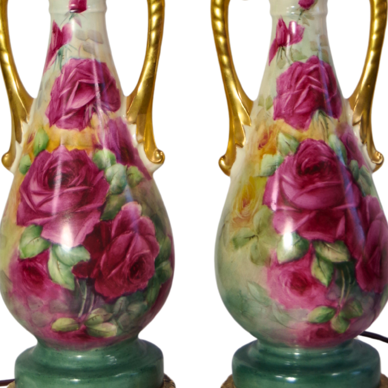 Pair of German-Crafted Hand-Painted Porcelain Lamp Bases Signed E.M. Kinderman