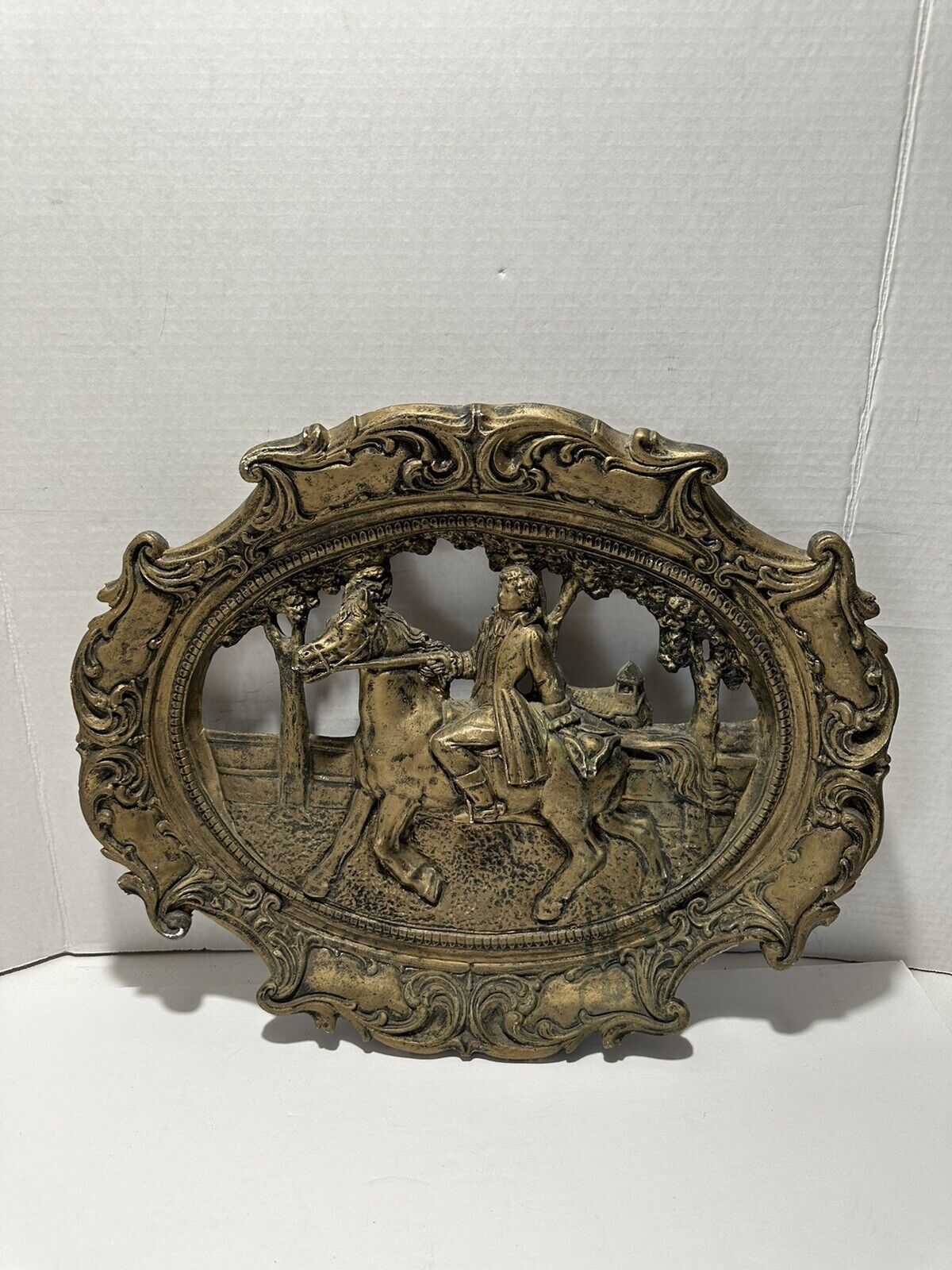 Hollywood Regency Chalkware Wall Art Plaque 1700's Man & Horse Golden Vintage