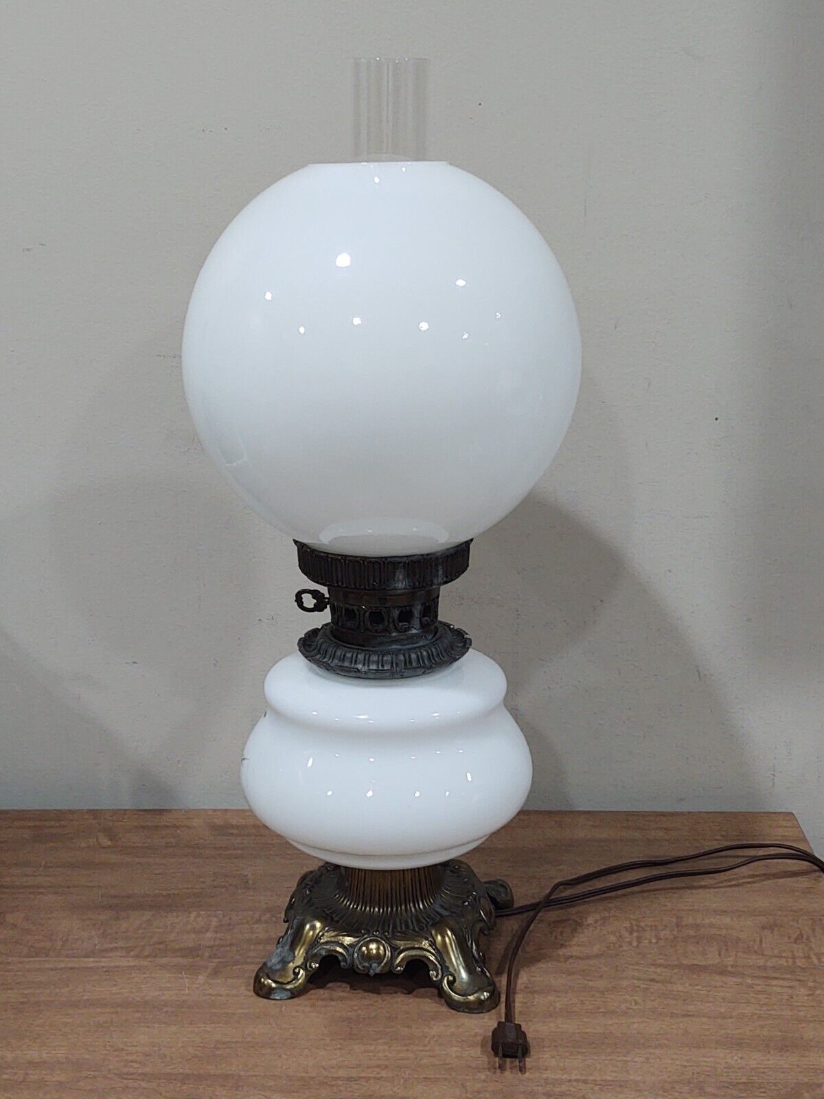 Victorian Parlor Lamp Hand Painted Pink Roses ~23"  Cast & Glass GWTW Hurricane