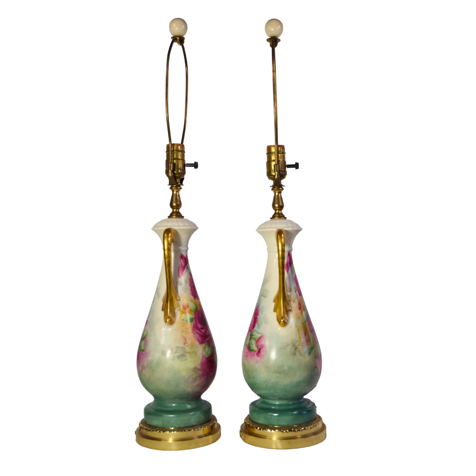 Pair of German-Crafted Hand-Painted Porcelain Lamp Bases Signed E.M. Kinderman