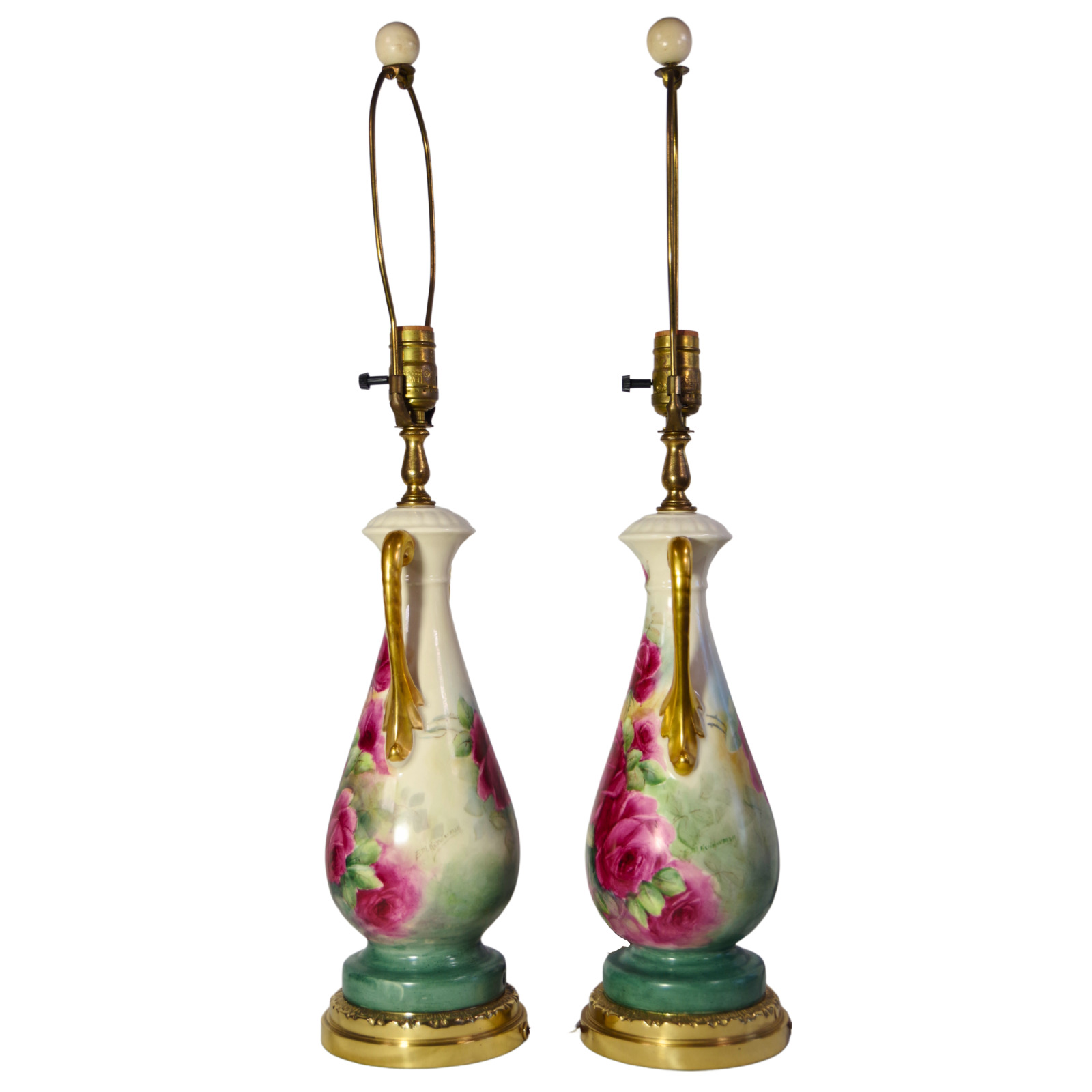 Pair of German-Crafted Hand-Painted Porcelain Lamp Bases Signed E.M. Kinderman