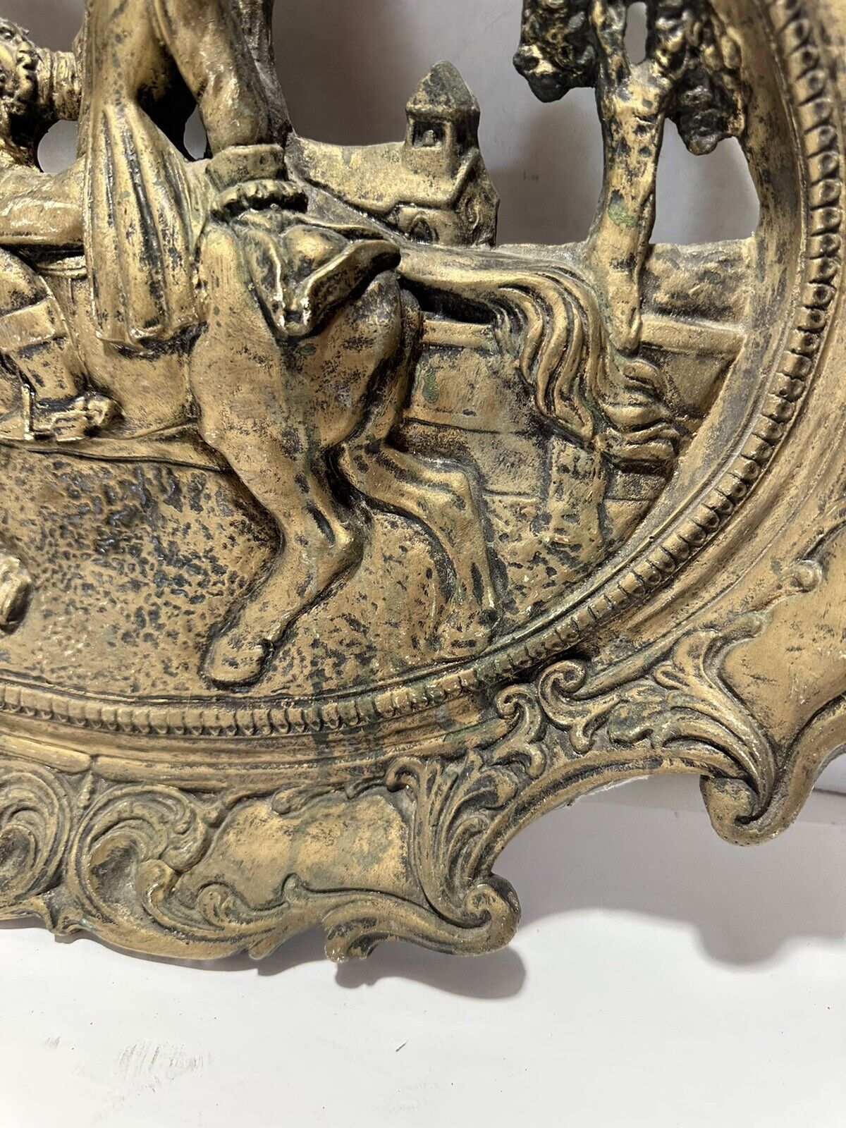 Hollywood Regency Chalkware Wall Art Plaque 1700's Man & Horse Golden Vintage