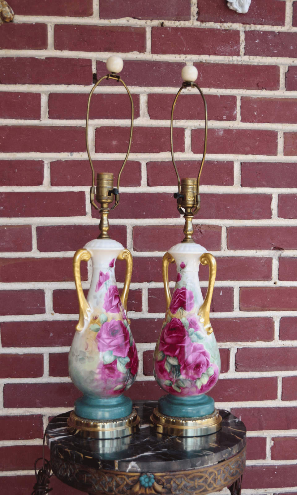 Pair of German-Crafted Hand-Painted Porcelain Lamp Bases Signed E.M. Kinderman