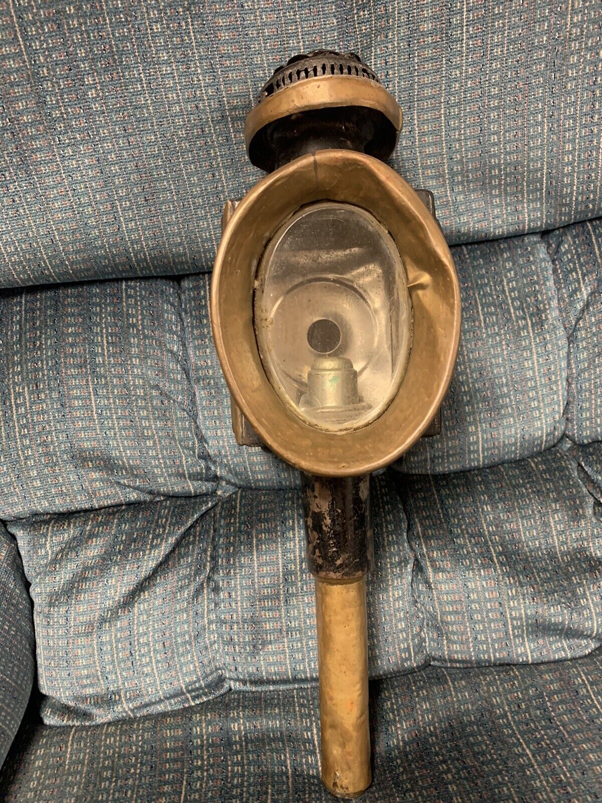 RARE ANTIQUE POSSIBLY RAYDYOT BLACK AND BRASS CANDLE COACH LAMP