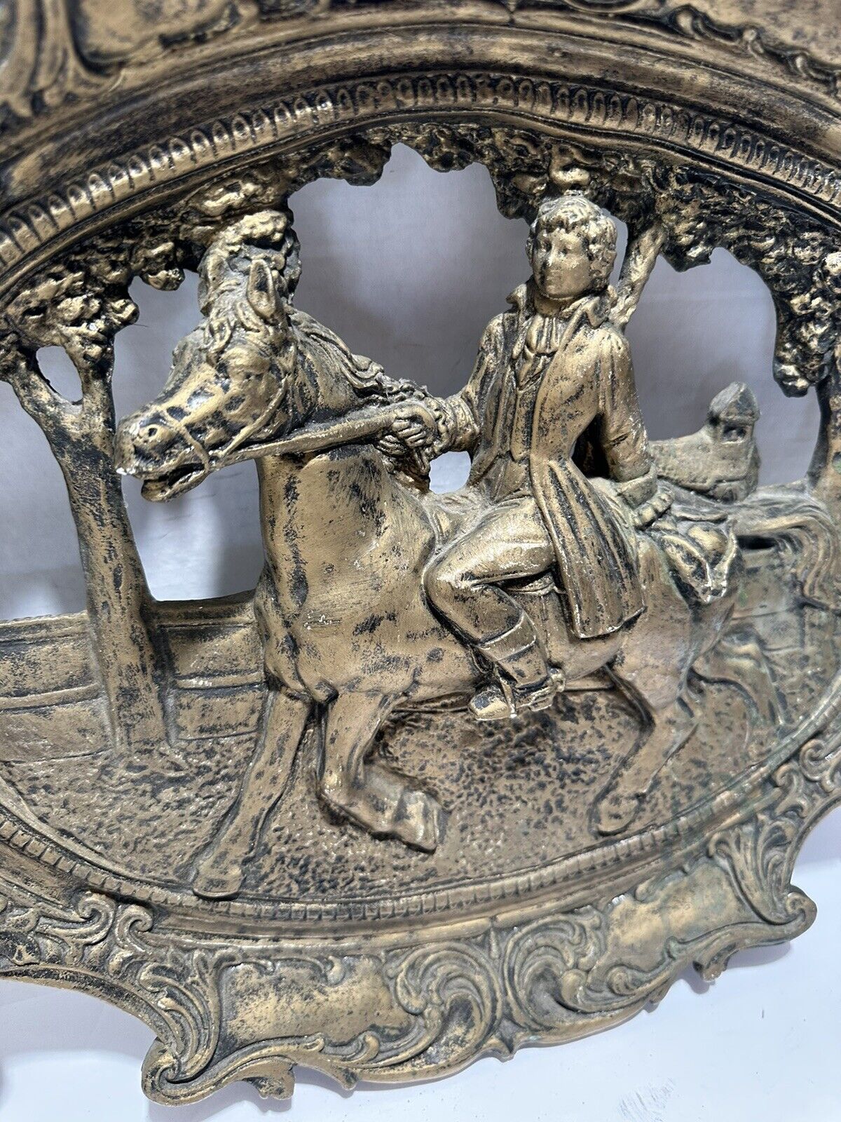 Hollywood Regency Chalkware Wall Art Plaque 1700's Man & Horse Golden Vintage
