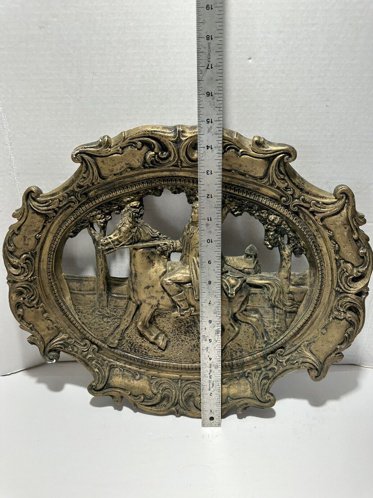 Hollywood Regency Chalkware Wall Art Plaque 1700's Man & Horse Golden Vintage