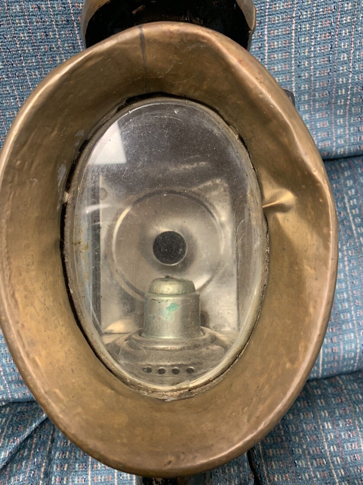 RARE ANTIQUE POSSIBLY RAYDYOT BLACK AND BRASS CANDLE COACH LAMP