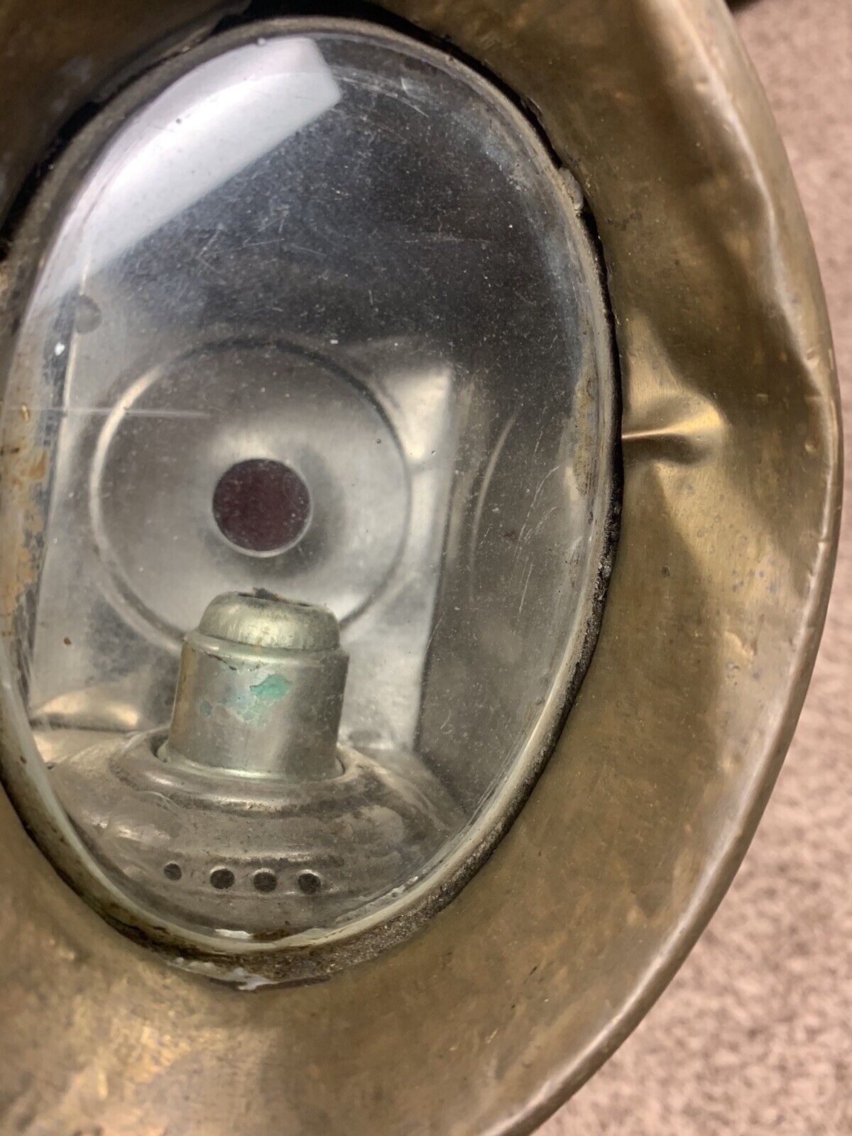 RARE ANTIQUE POSSIBLY RAYDYOT BLACK AND BRASS CANDLE COACH LAMP