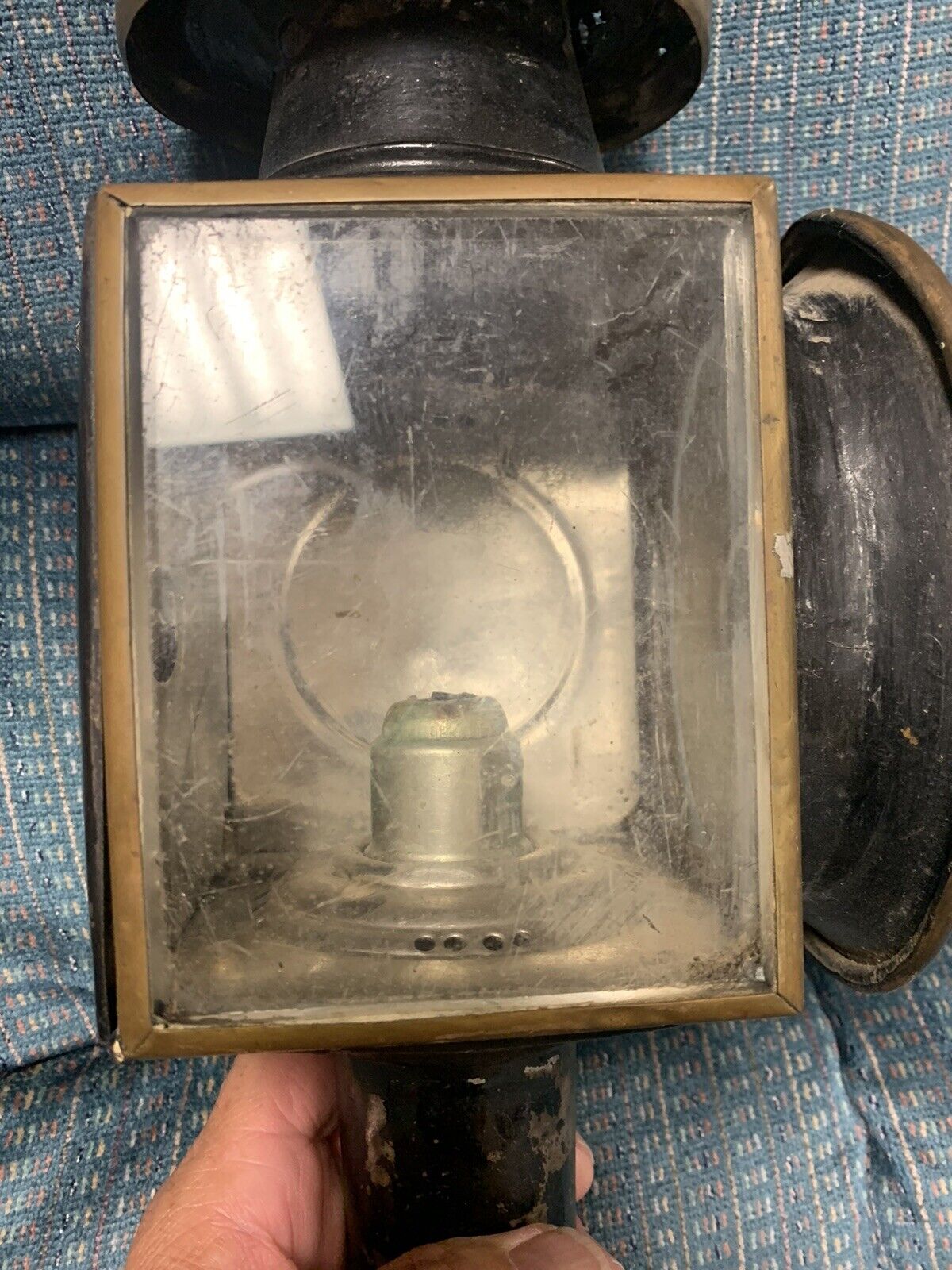 RARE ANTIQUE POSSIBLY RAYDYOT BLACK AND BRASS CANDLE COACH LAMP