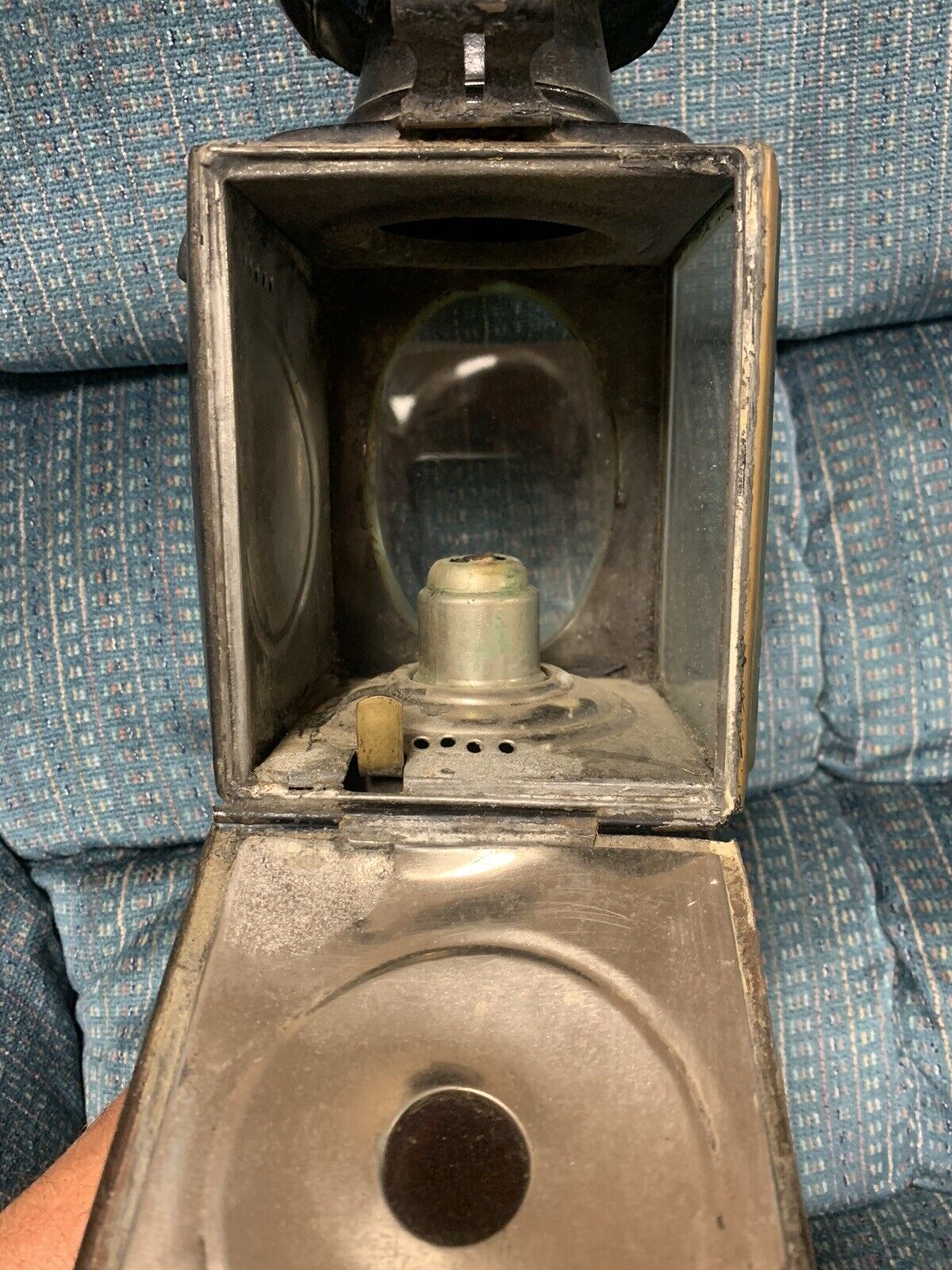 RARE ANTIQUE POSSIBLY RAYDYOT BLACK AND BRASS CANDLE COACH LAMP