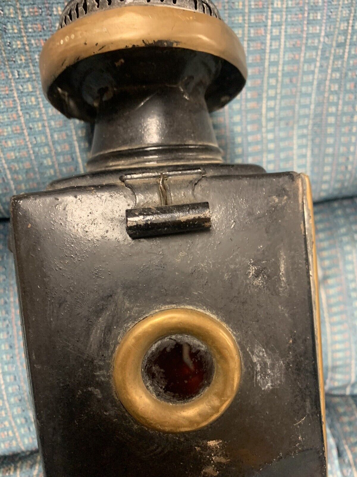 RARE ANTIQUE POSSIBLY RAYDYOT BLACK AND BRASS CANDLE COACH LAMP