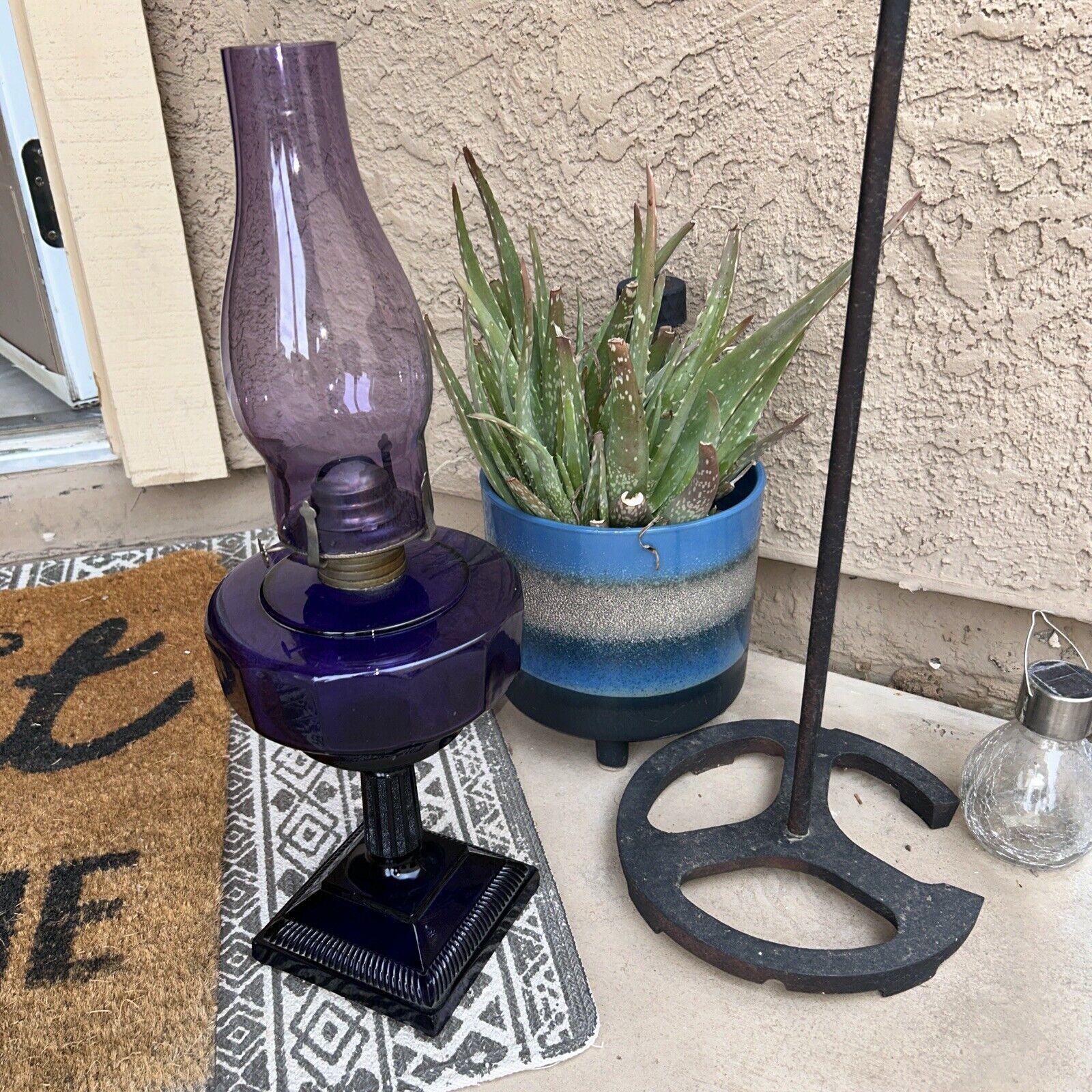 Oil Lamp, Early 1900's Vintage Pedestal lamp, Amethyst Purple, irradiated