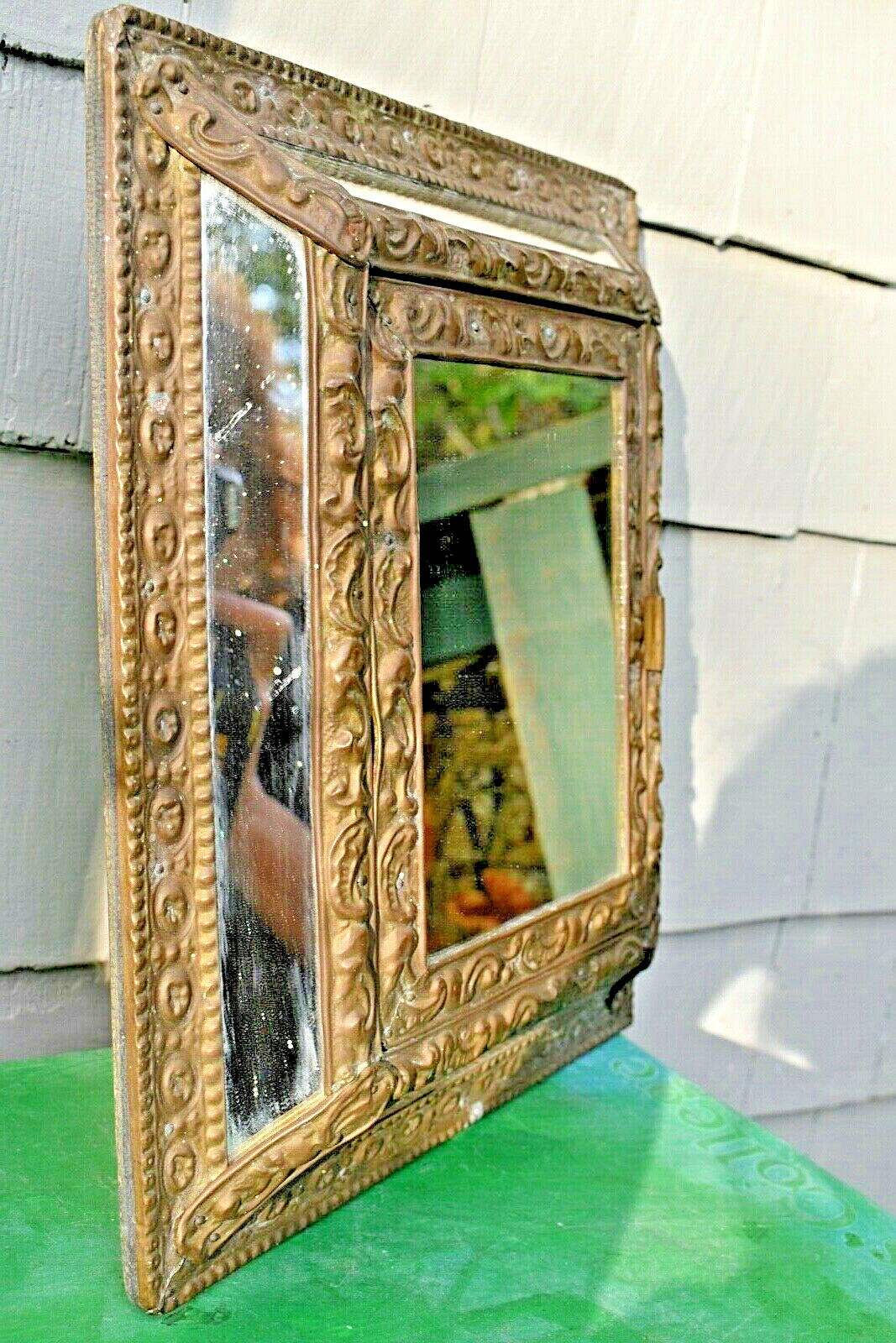 1800'S KEY SAFE CABINET  MIRRORED EMBOSSED TIN / WOOD BELLE EPOQUE SHABBY CHIC  