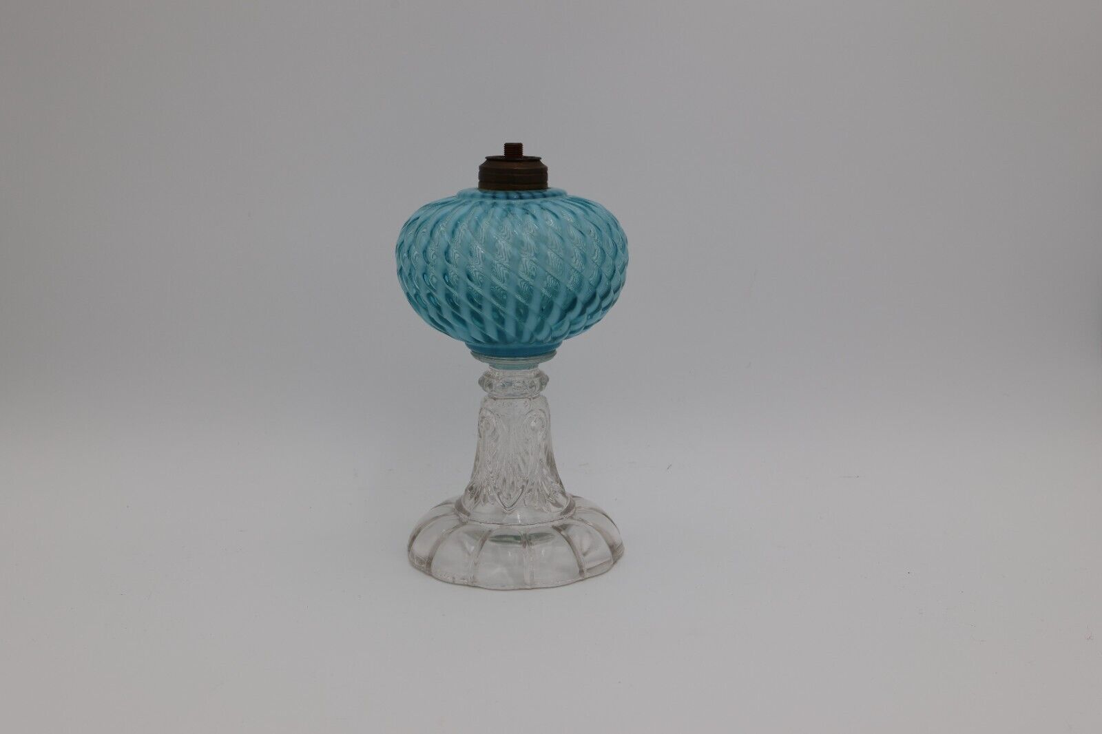 Hobbs Sheldon Swirl OIL LAMP Blue Opalescent Glass Antique Victorian c1880s