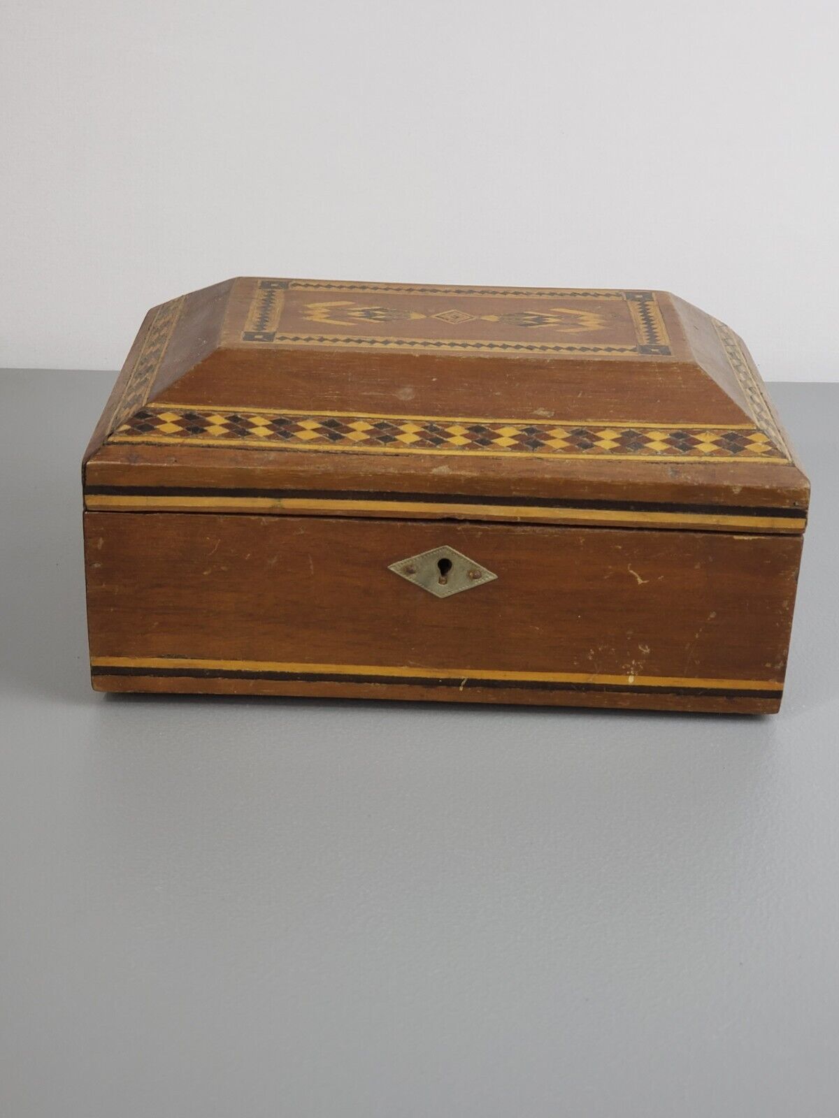 quality 1900's antique handmade inlaid marquetry wood jewelry box vanity mirror
