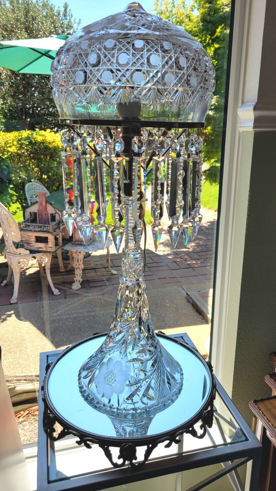 24" tall AMERICAN BRILLIANT ABP Cut Glass Lamp, 24 spear Prisms  Keifer Bros