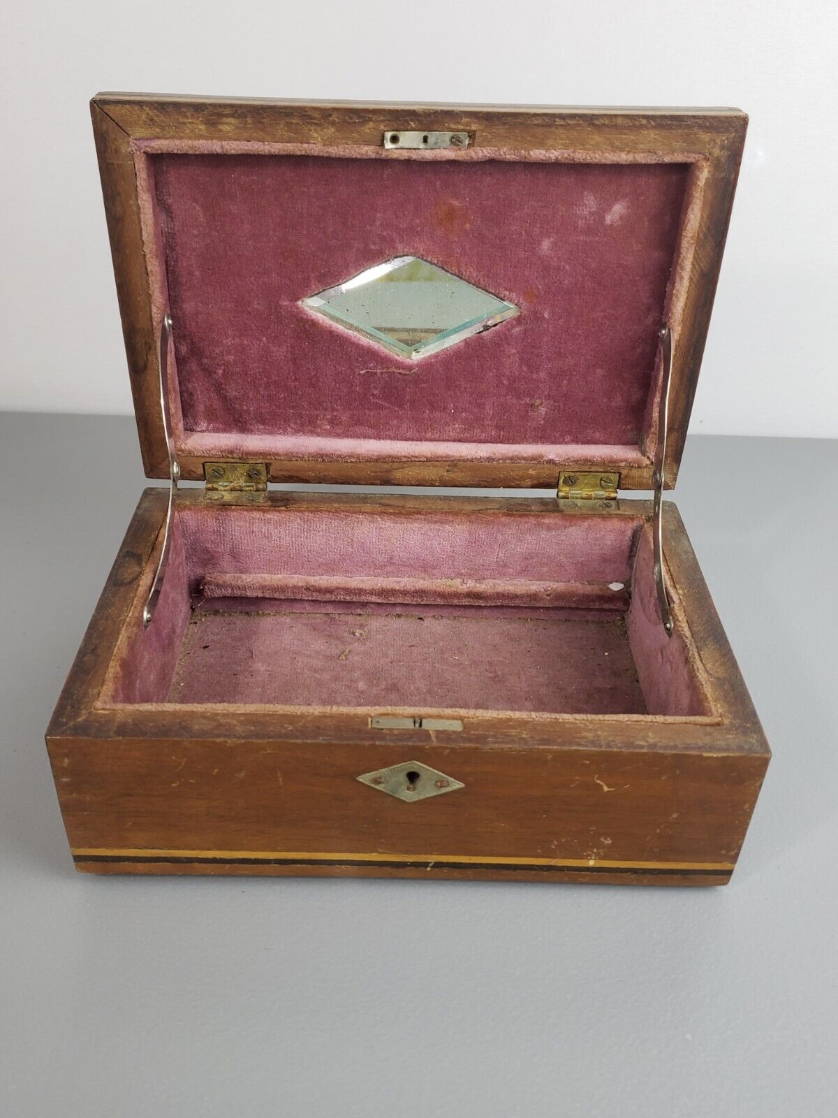 quality 1900's antique handmade inlaid marquetry wood jewelry box vanity mirror