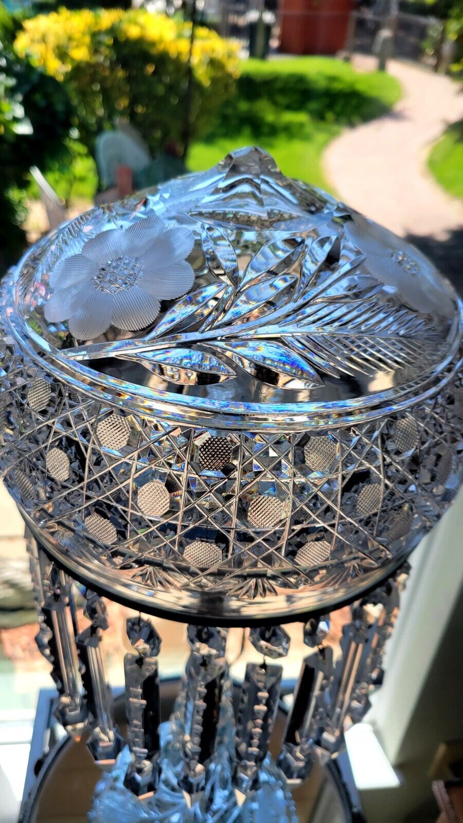 24" tall AMERICAN BRILLIANT ABP Cut Glass Lamp, 24 spear Prisms  Keifer Bros