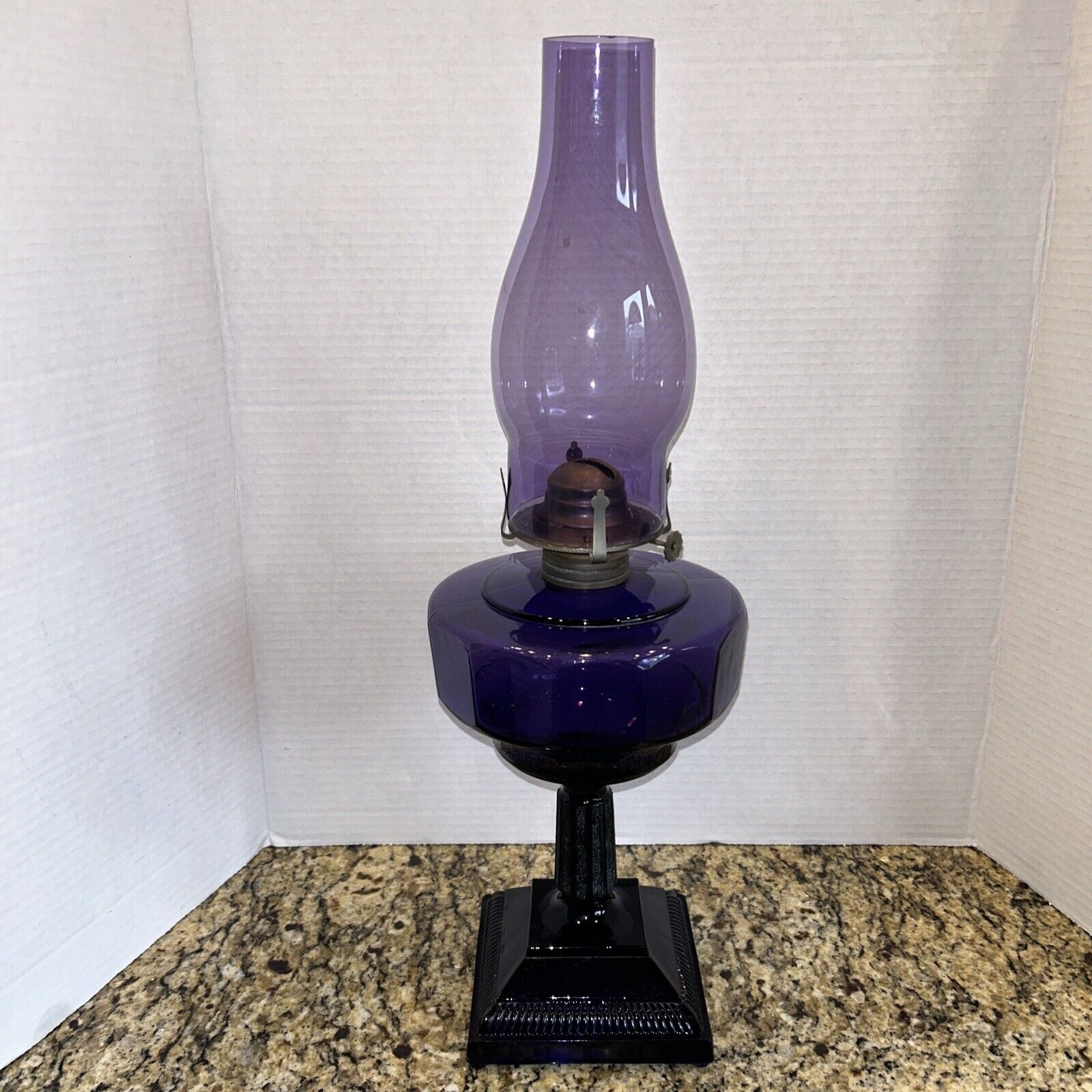 Oil Lamp, Early 1900's Vintage Pedestal lamp, Amethyst Purple, irradiated