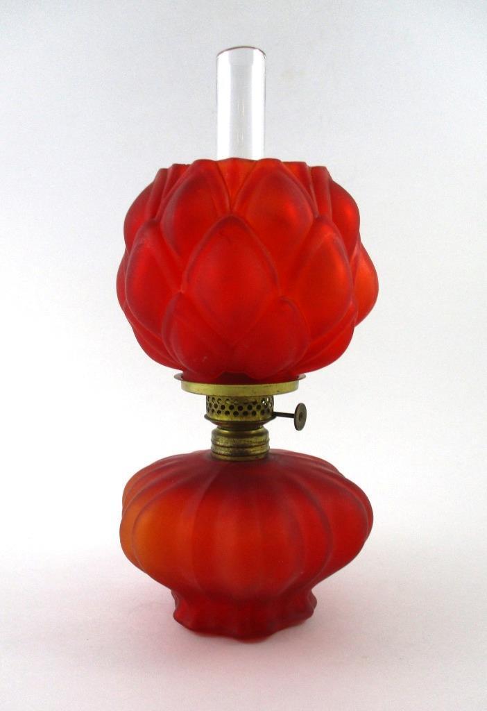 ARTICHOKE - antique RED Satin Glass MINIATURE Oil LAMP nutmeg burner - S1-III