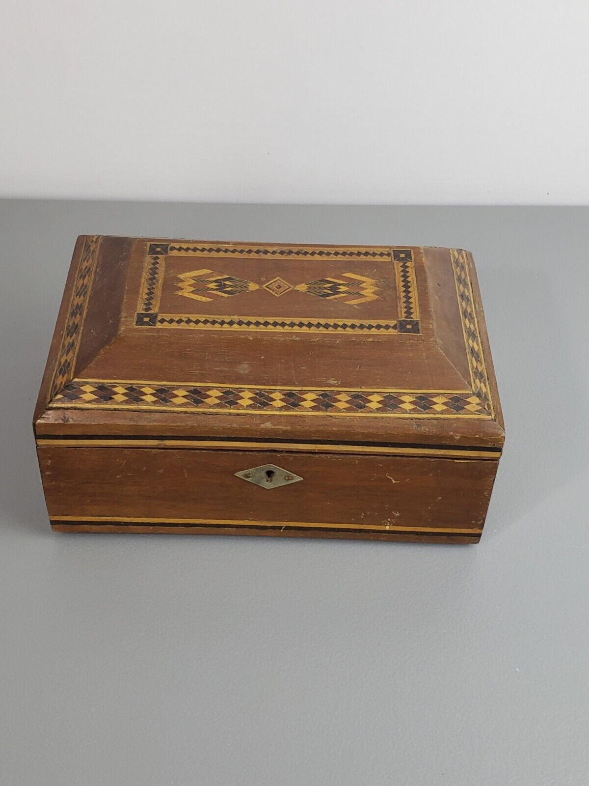 quality 1900's antique handmade inlaid marquetry wood jewelry box vanity mirror