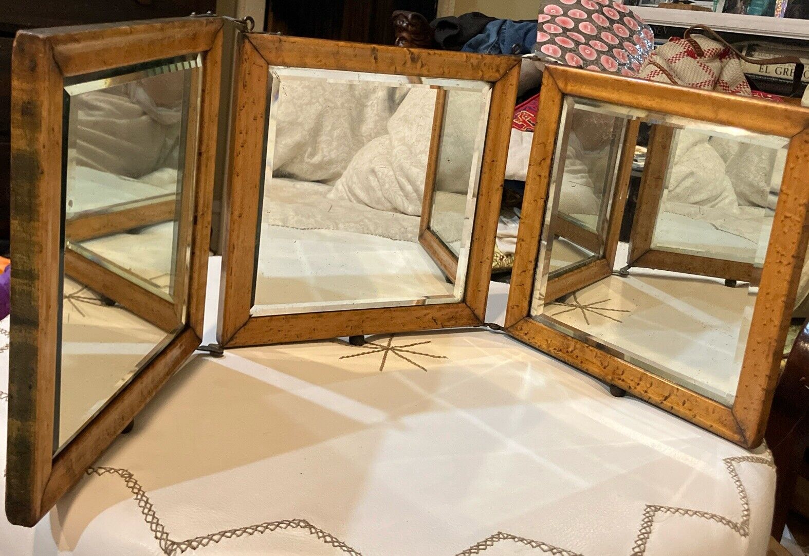 Antique 1800s TRI FOLD OAK SHAVING BEVELED GLASS MIRROR TOOLED LEATHER BACKING